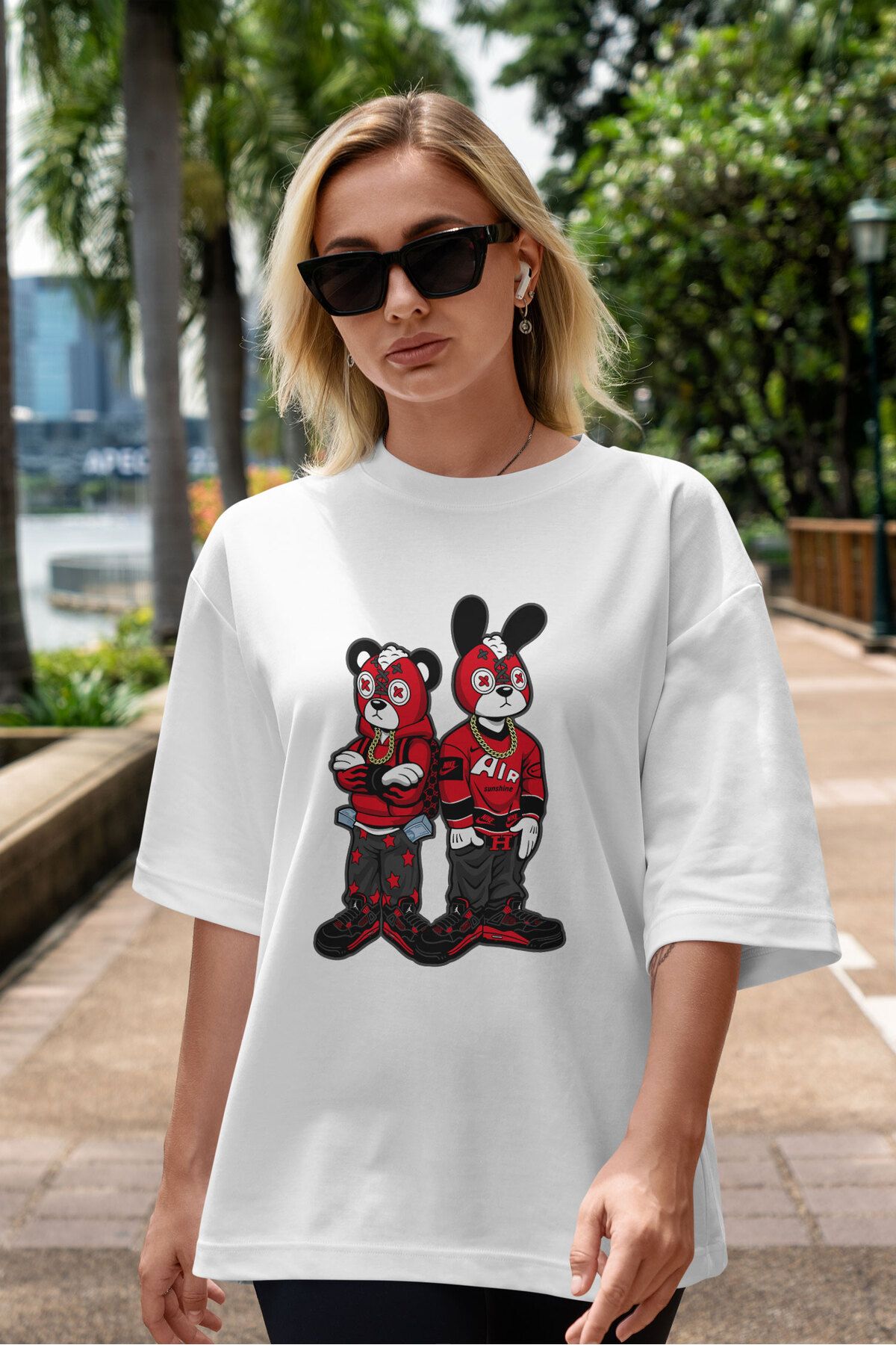 ELFAMİ Unisex Erkek/Kadın RABBIT Özel Baskılı Oversize Pamuklu Bisiklet Yaka T-Shirt