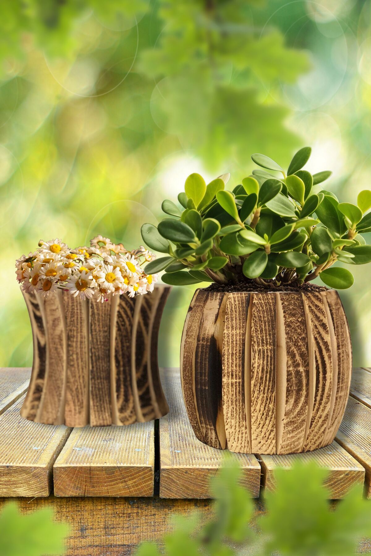 EL İŞİ DİY CRAFT Doğal Ahşap Ayaklı Saksı, Bahçe, Balkon, Ev, Çiçeklik, Dekoratif Bohem Konsept Tasarım Oval