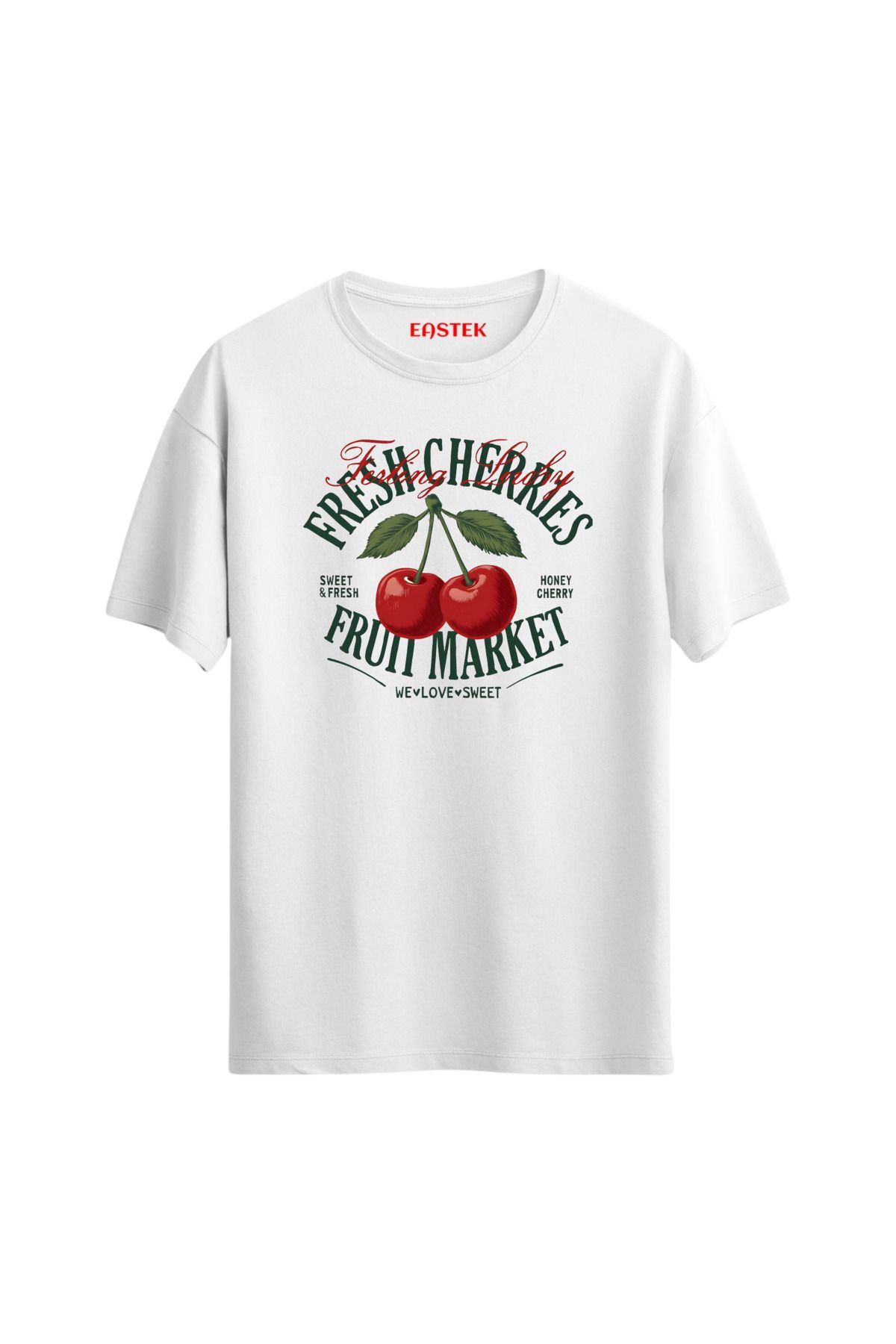 Eastek Unisex Erkek/Kadın CHERRIES Özel Baskılı Regular Pamuklu Bisiklet Yaka T-Shirt