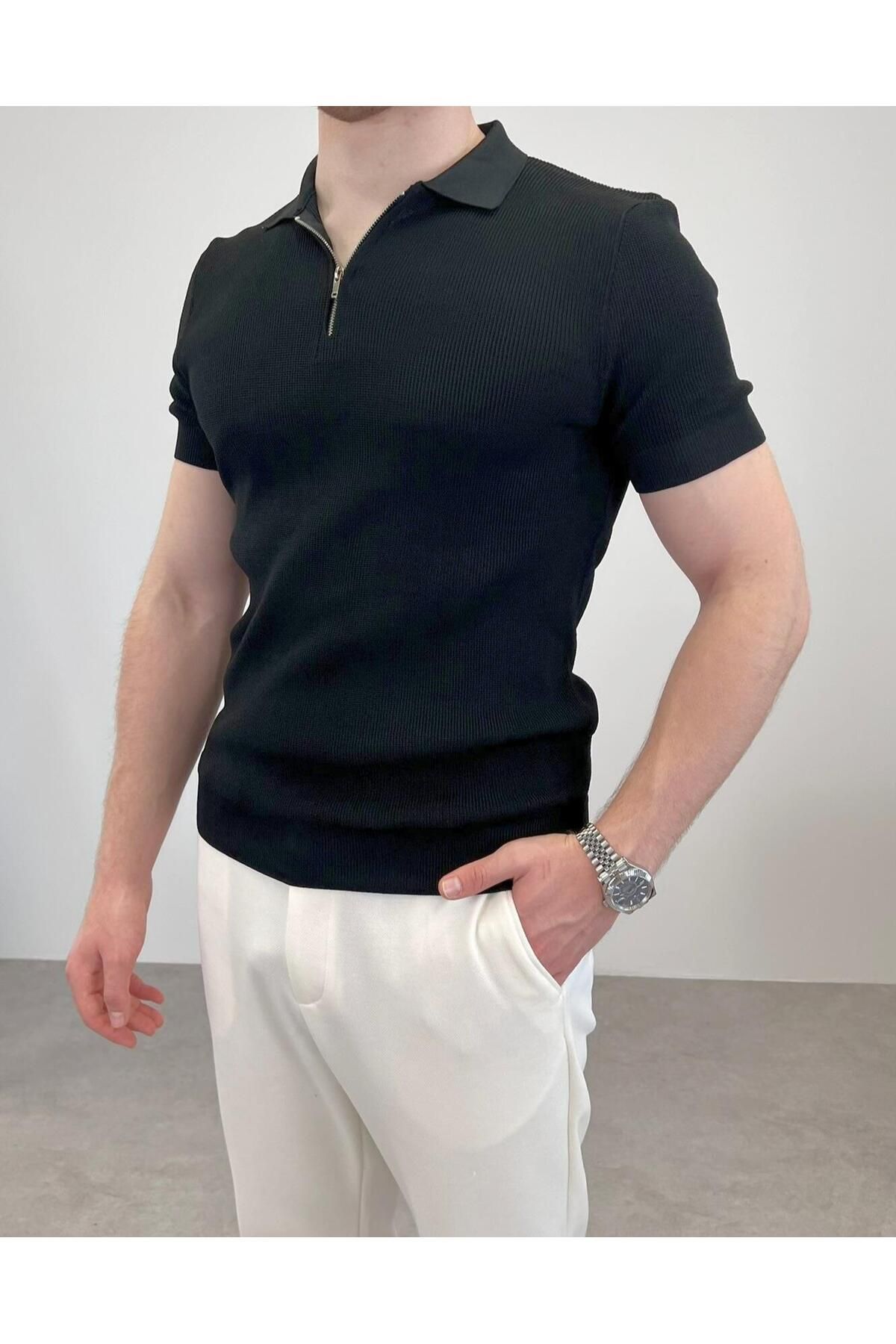 RIESGO ÖRME POLO YAKA FERMUARLI T-SHIRT SİYAH