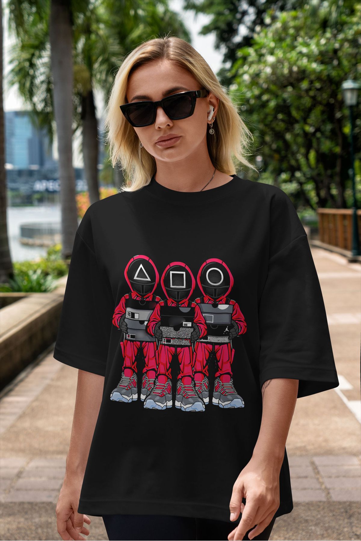ELFAMİ Unisex Erkek/Kadın SQUID GAME Özel Baskılı Oversize Pamuklu Bisiklet Yaka T-Shirt