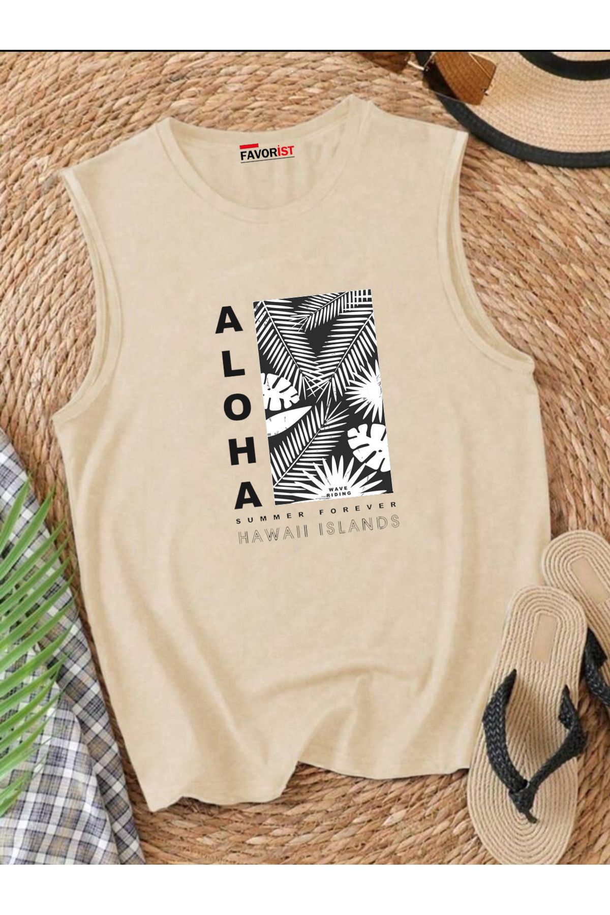 FAVORİST ALOHA SUMMER Omuzu Açık Kadın Pamuklu Kolsuz Yazlık T-shirt Atlet