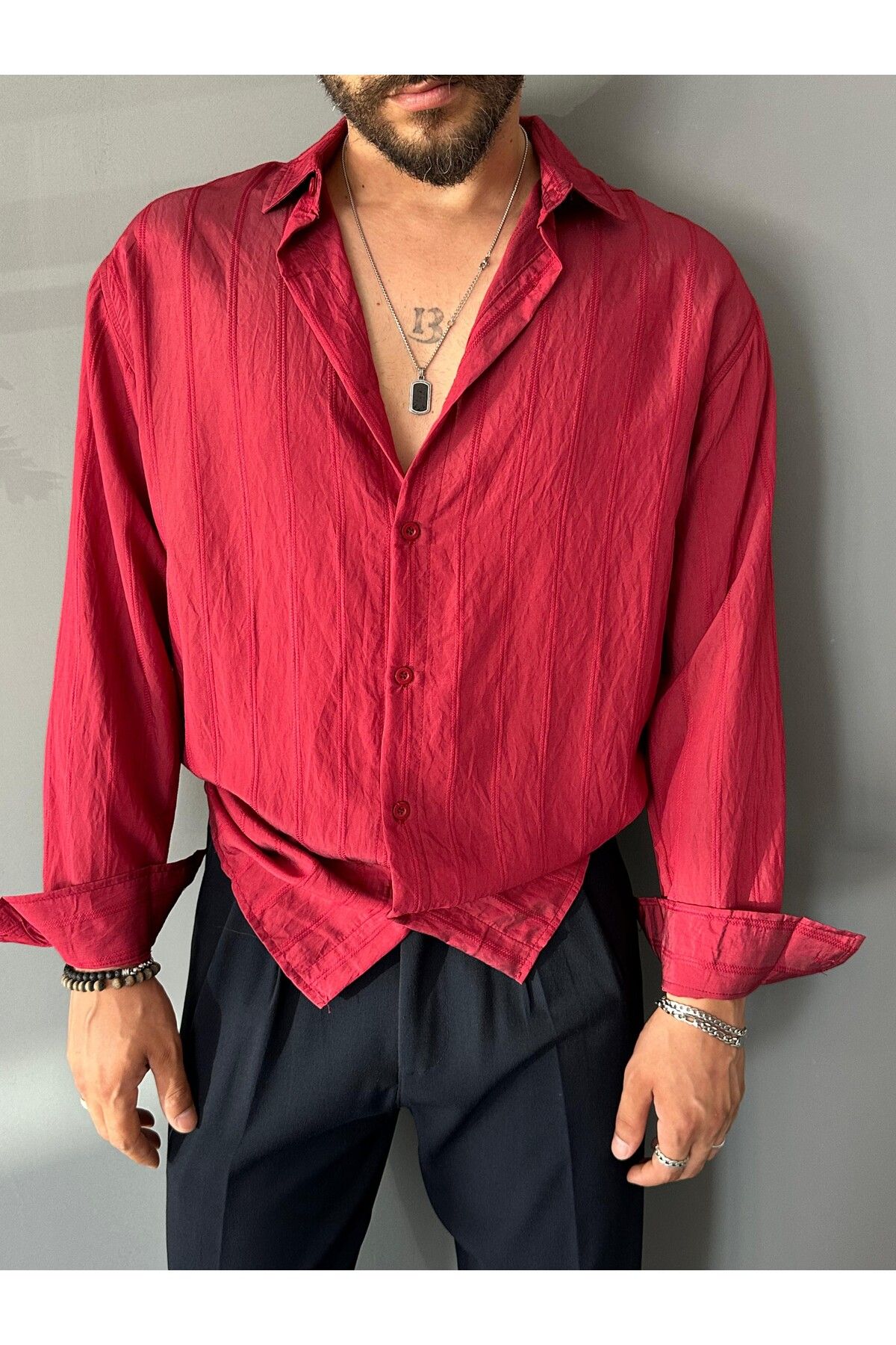 THEMANN Modal Kumaş Bordo Çizgili Oversize Gömlek