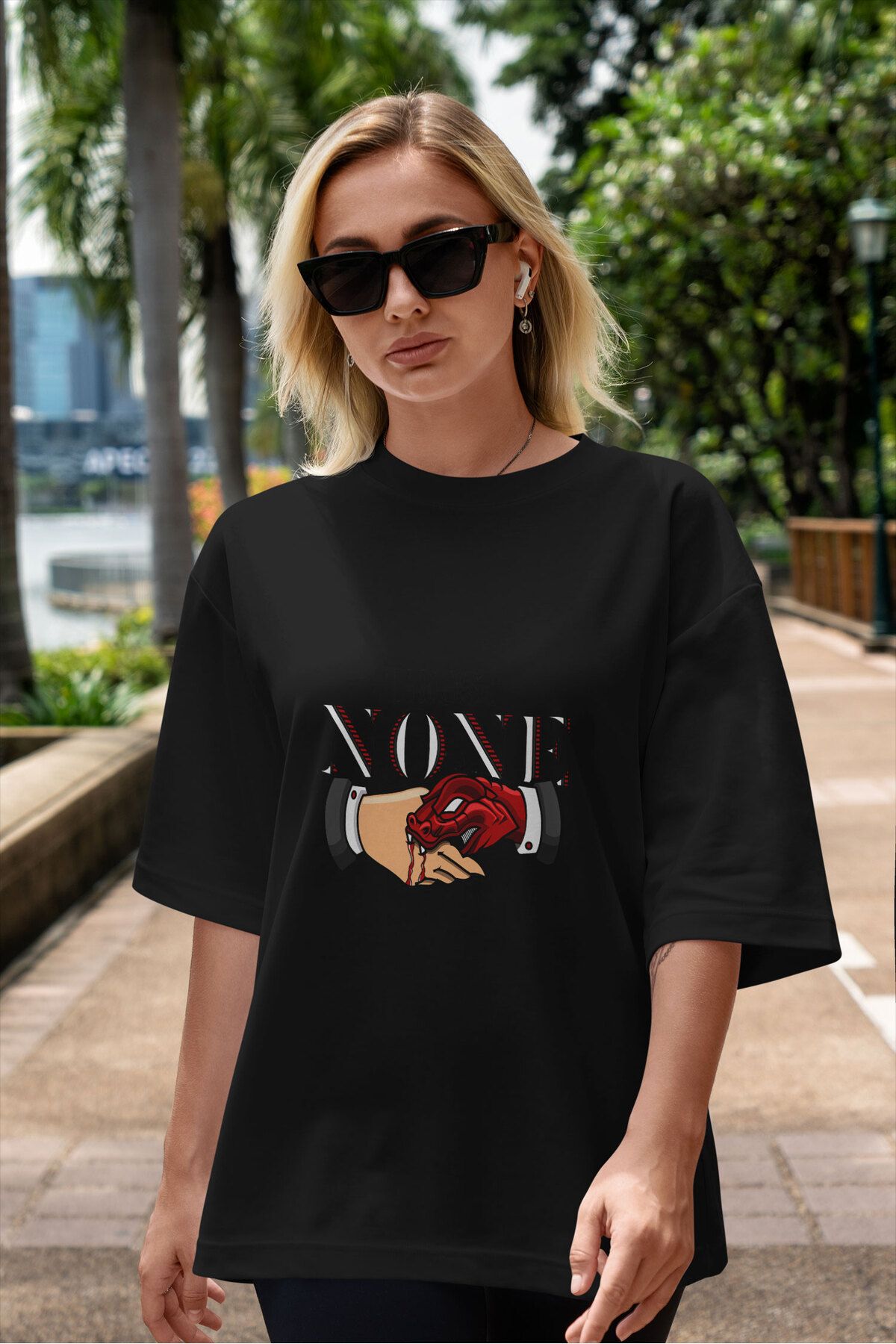 ELFAMİ Unisex Erkek/Kadın TRUST NONE Özel Baskılı Oversize Pamuklu Bisiklet Yaka T-Shirt