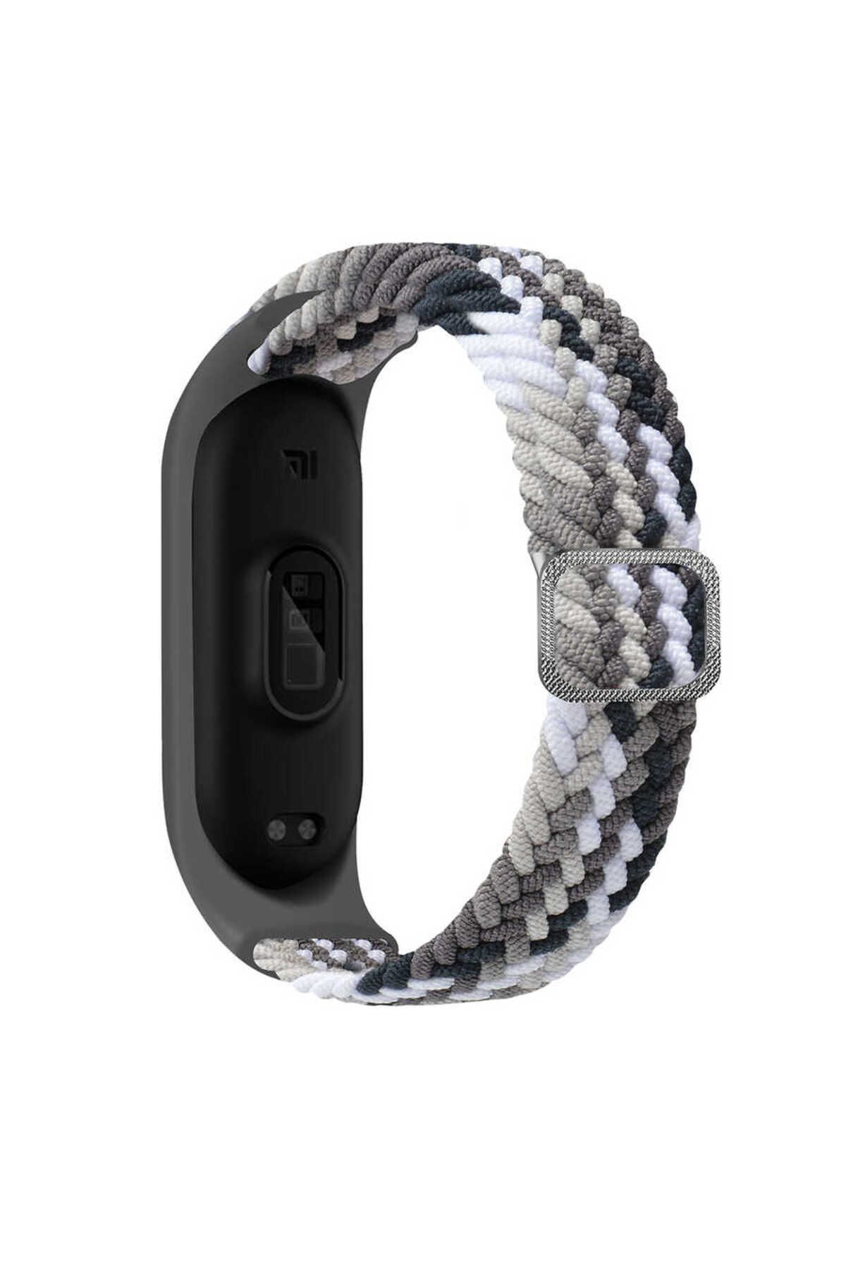 Mobicas Xiaomi Mi Band 5-6-7 Uyumlu Hasır Örgü Kordon-49 Gri-Beyaz