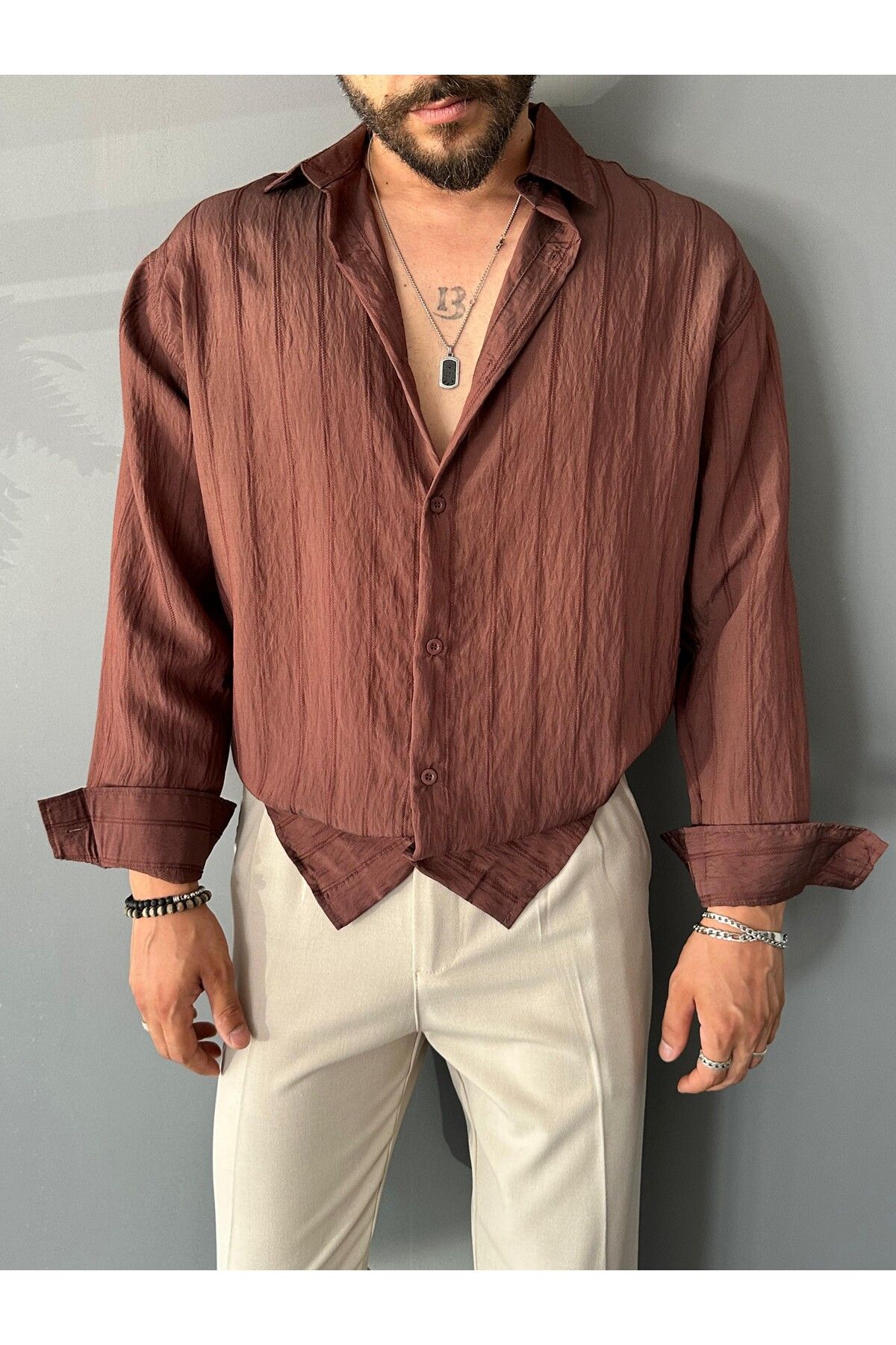 THEMANN Modal Kumaş Kahve Çizgili Oversize Gömlek