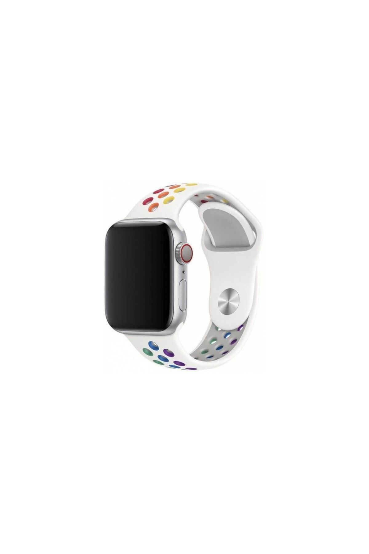 Mobicas Apple Watch 4 (44mm) Uyumlu Delikli Silikon Kordon-02 Gökkuşağı-Beyaz