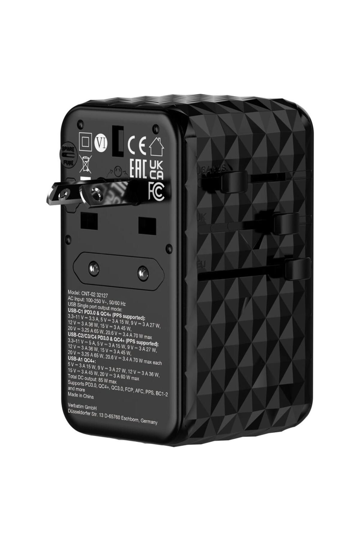 Verbatim-Incarcator retea de calatorie universal Verbatim GaN II, 85 W, 4xUSB-C PD, 1x USB-A QC (Negru) 5