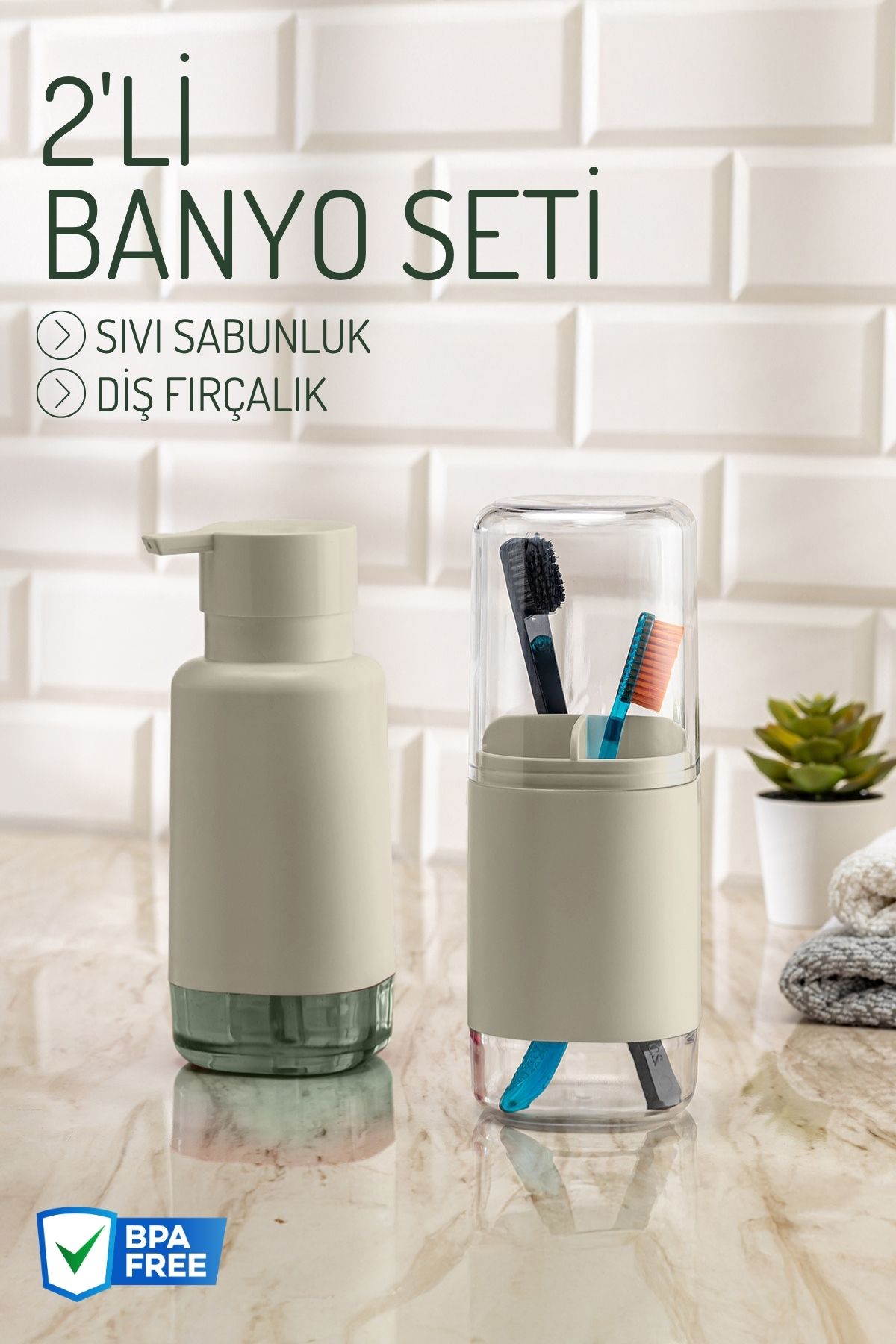 Nandy Home-2 Piece Minimal Liquid Soap Dispenser and Toothbrush Holder Set 1