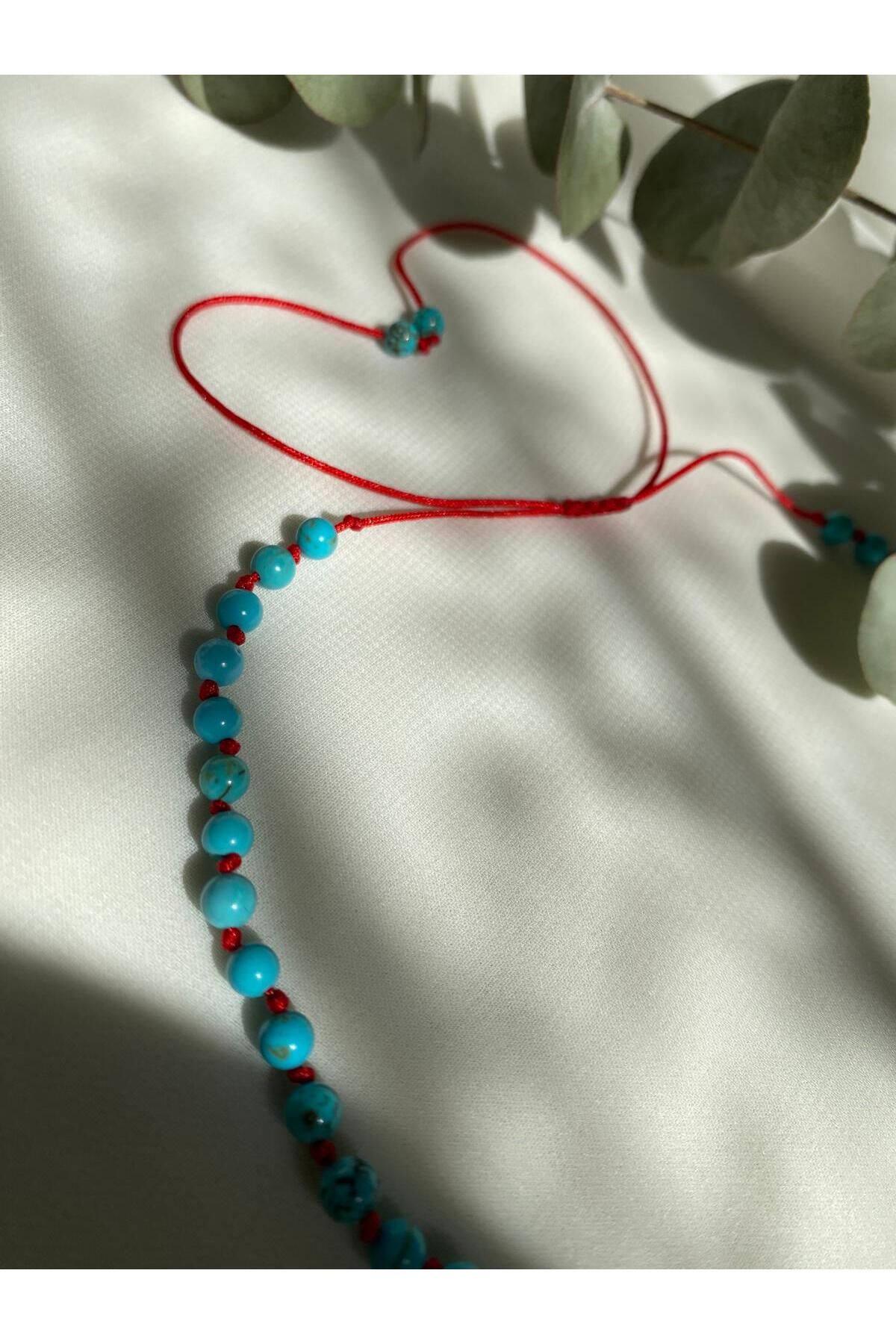 sabiha aksesuar doğal firuze(turkuaz) taşlı kırmızı ipli kolye