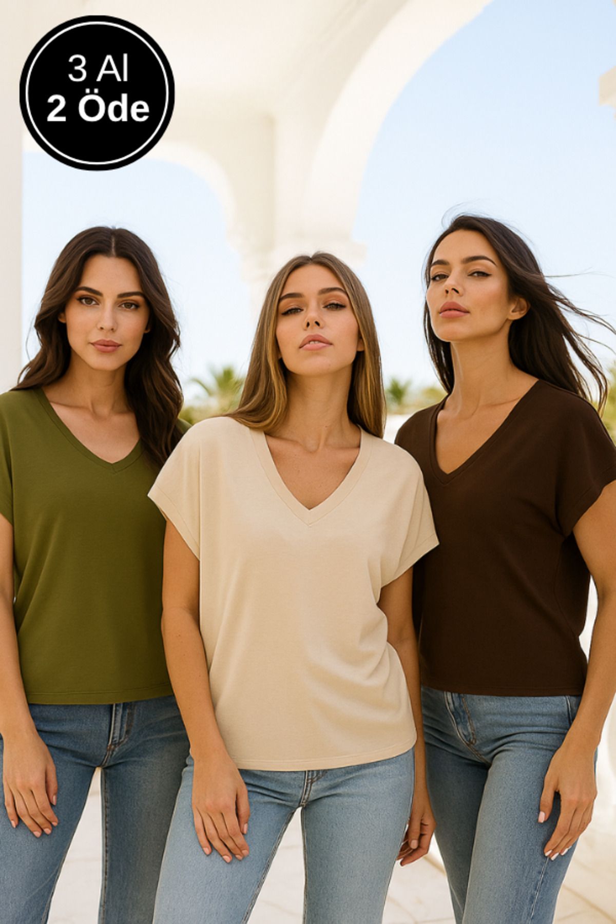 Rich Kadın 3'lü Paket Kahverengi-Haki-Bej Viskon Ön Arka V Yakalı T-shirt Yarasa Kol Relaxed Bluz