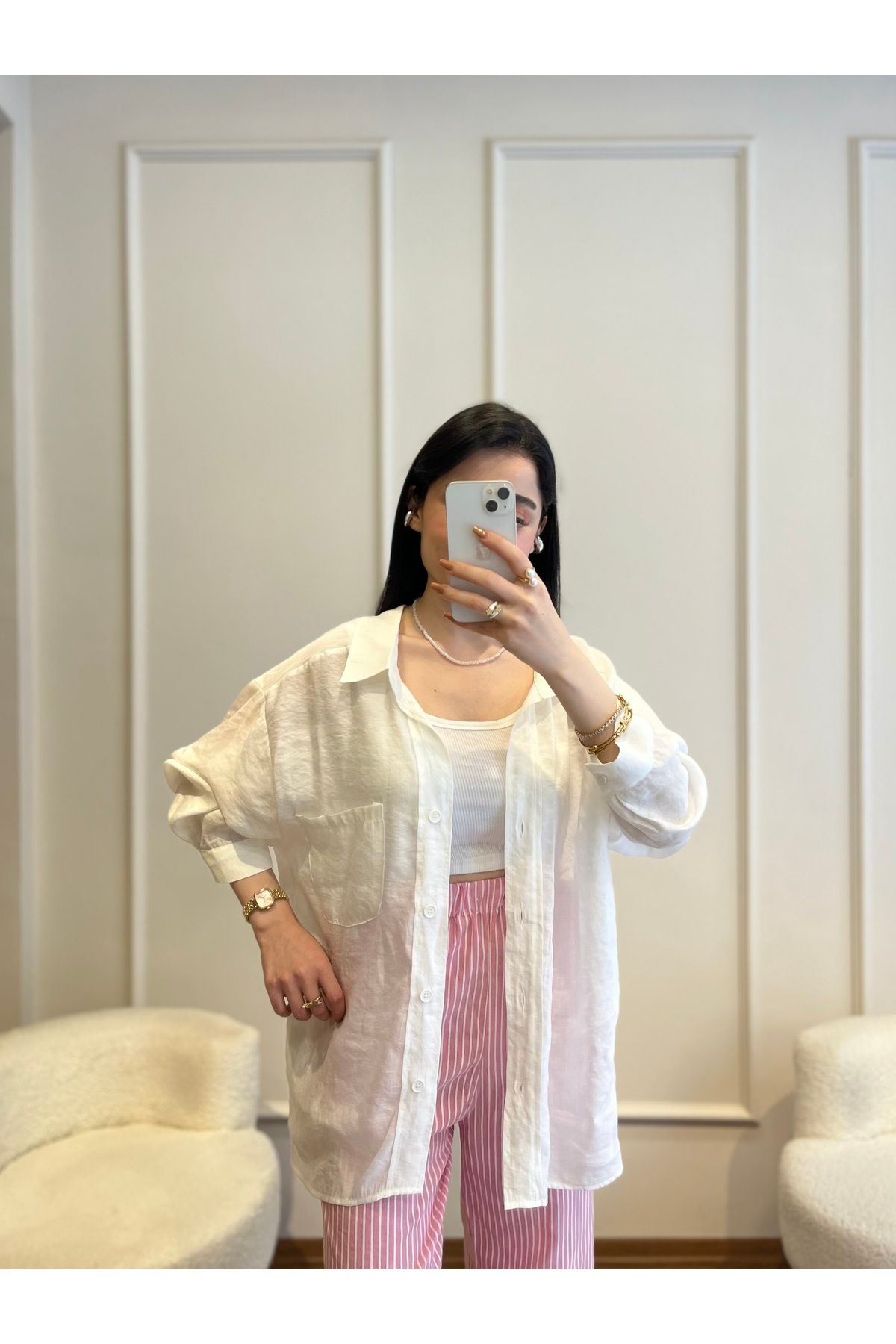 Zims Butik Basic Keten Oversize Gömlek Beyaz