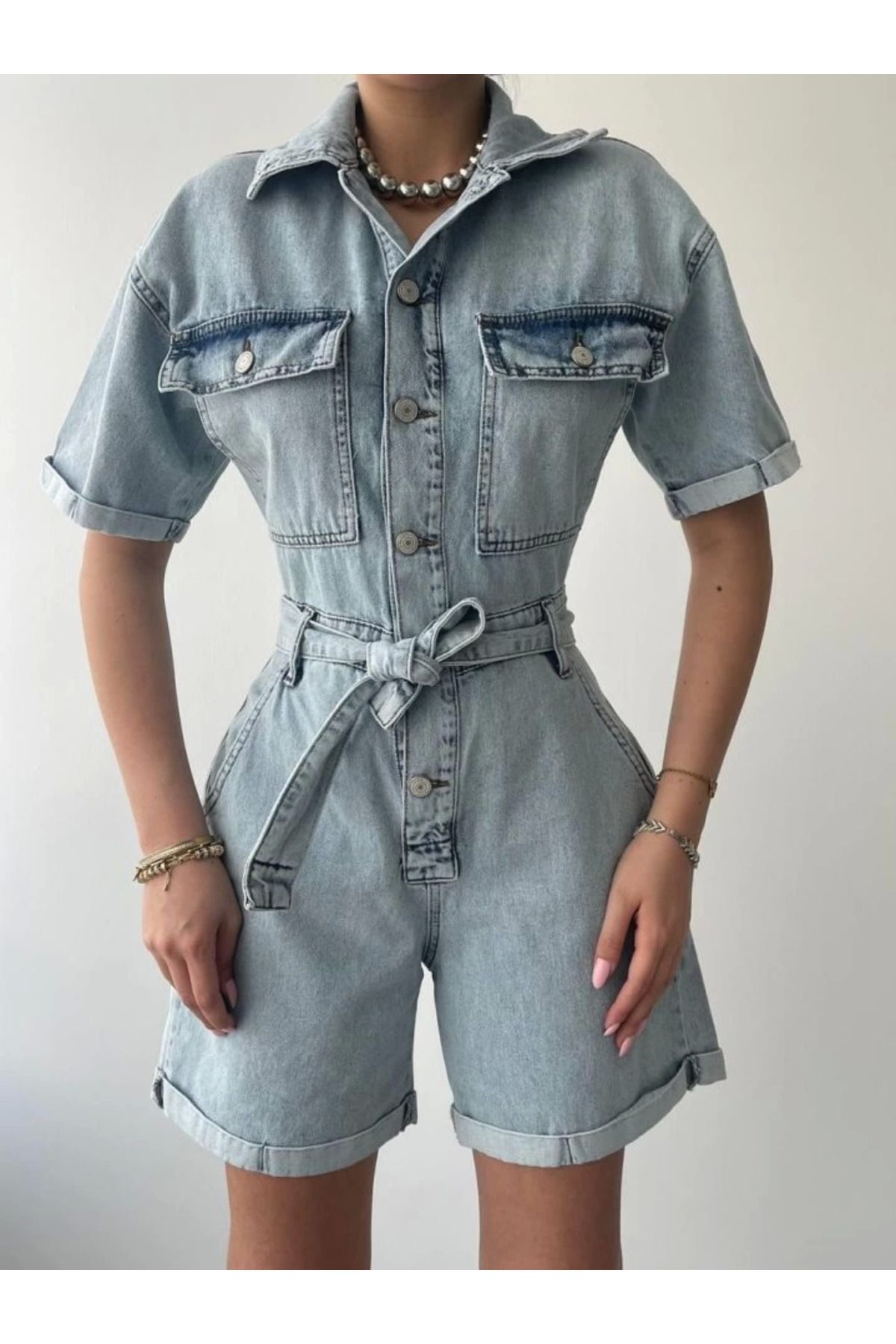 Omarı Vintage Tarzı İnce Askılı Denim Tulum