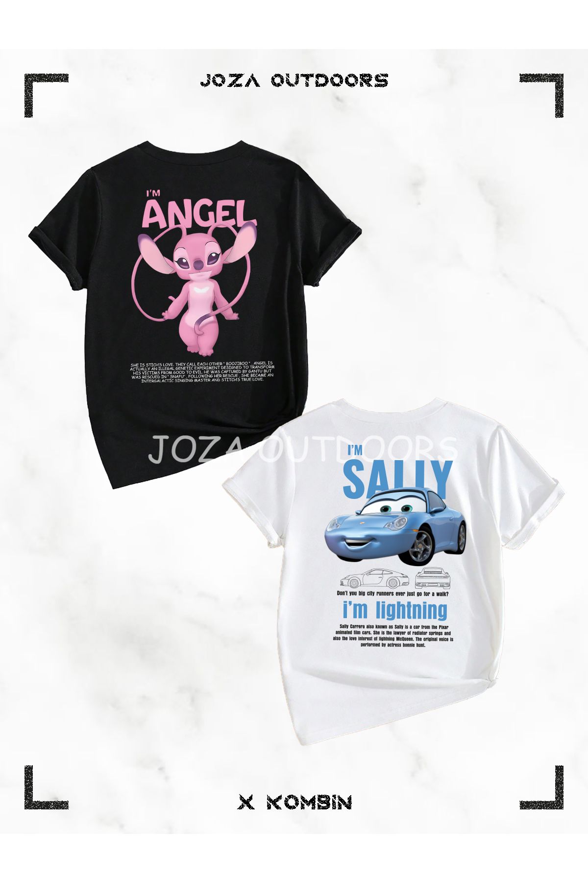 Joza Outdoors Unisex Kız ve Erkek Angel Lilo Stitch - Mcqueen Sally Cars SIRT Baskılı Çocuk 2'li T-shirt Set Takım