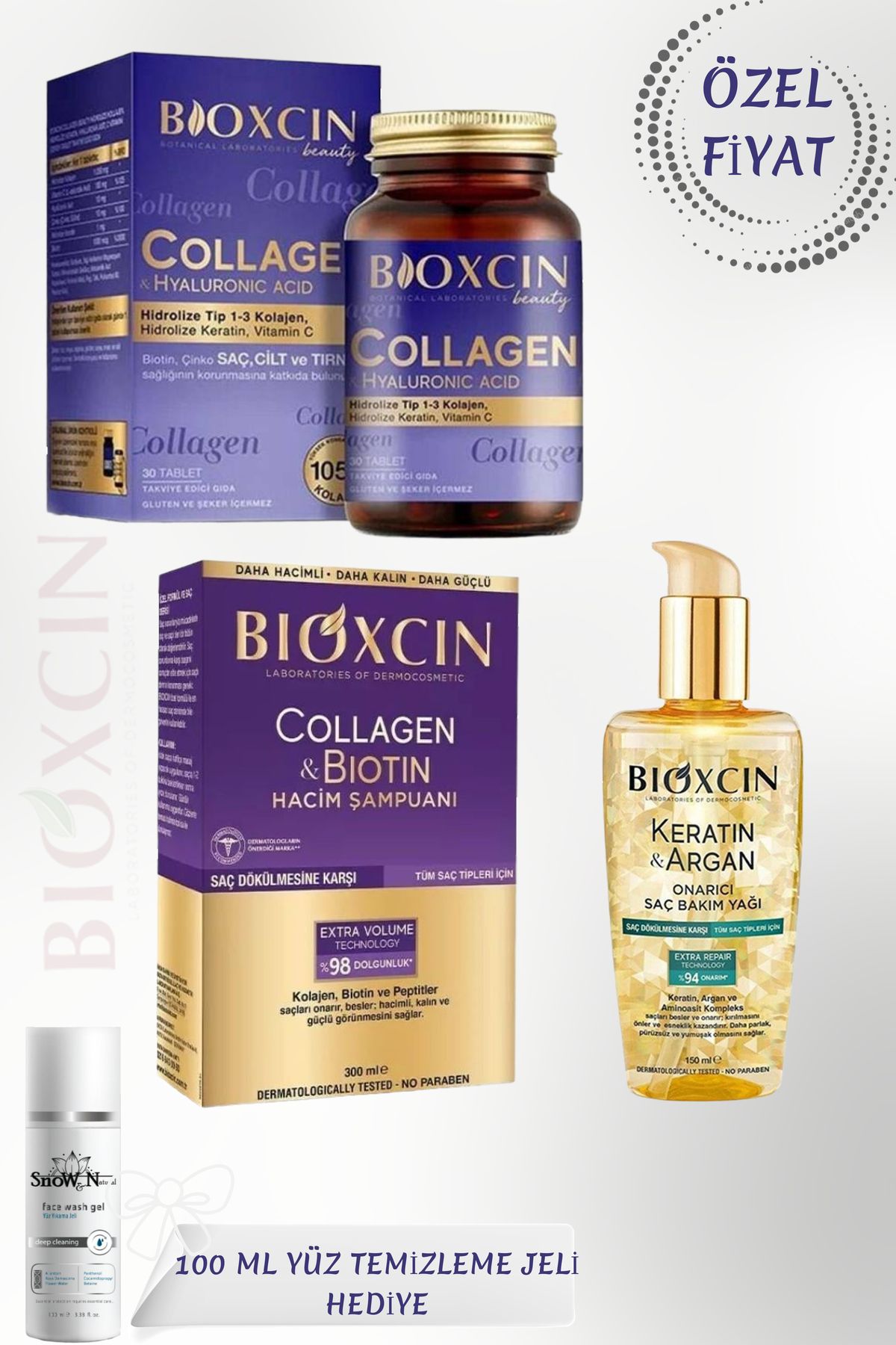 Bioxcin Collagen & Biotin 300Ml Şampuanı + Saç Bakım Yağı-150 ML + Kollajen 30 Tablet + 100 Ml Jel HEDİYE