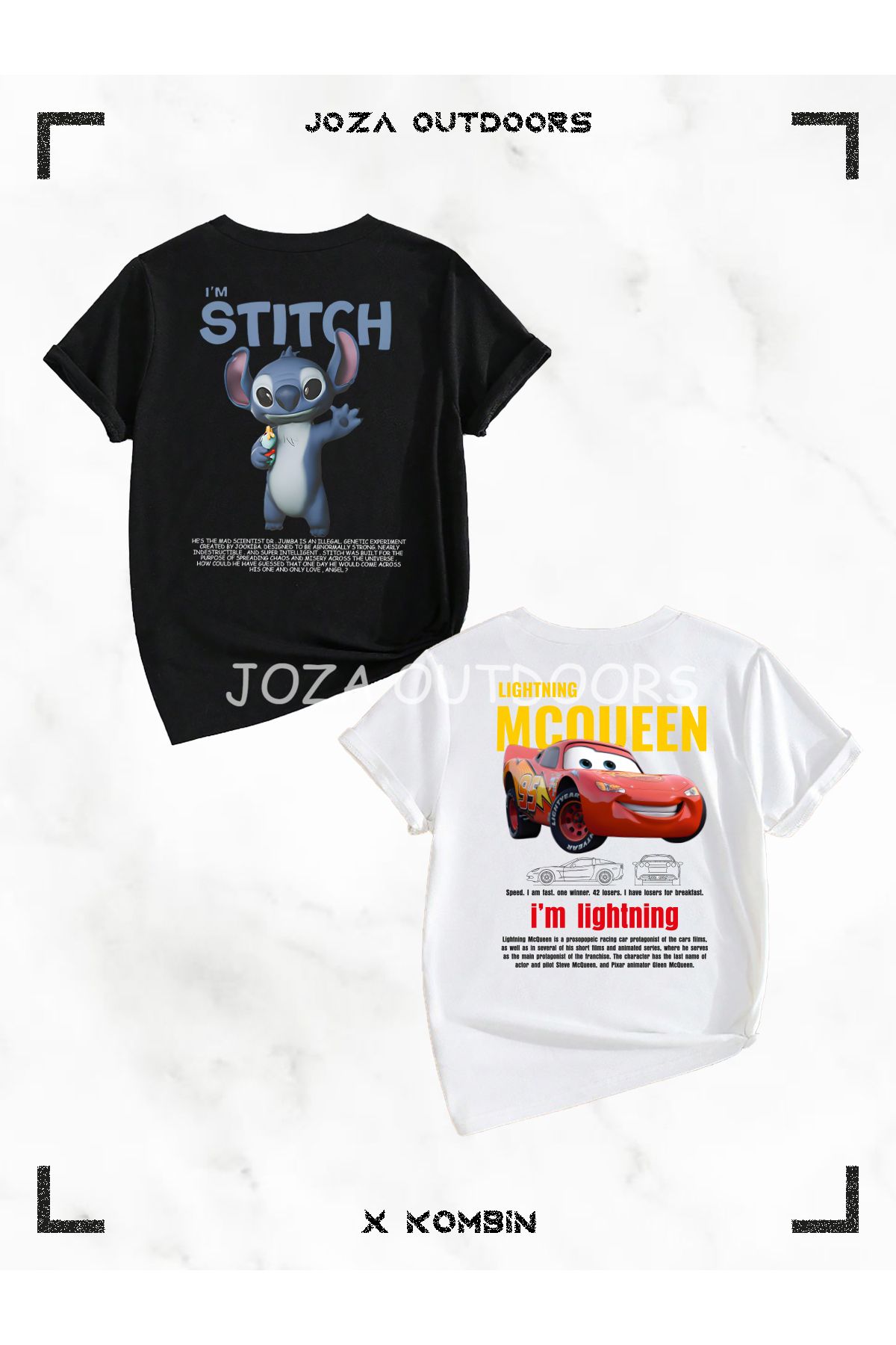Joza Outdoors Unisex Kız ve Erkek Angel Lilo Stitch - Mcqueen Sally Cars SIRT Baskılı Çocuk 2'li T-shirt Set Takım