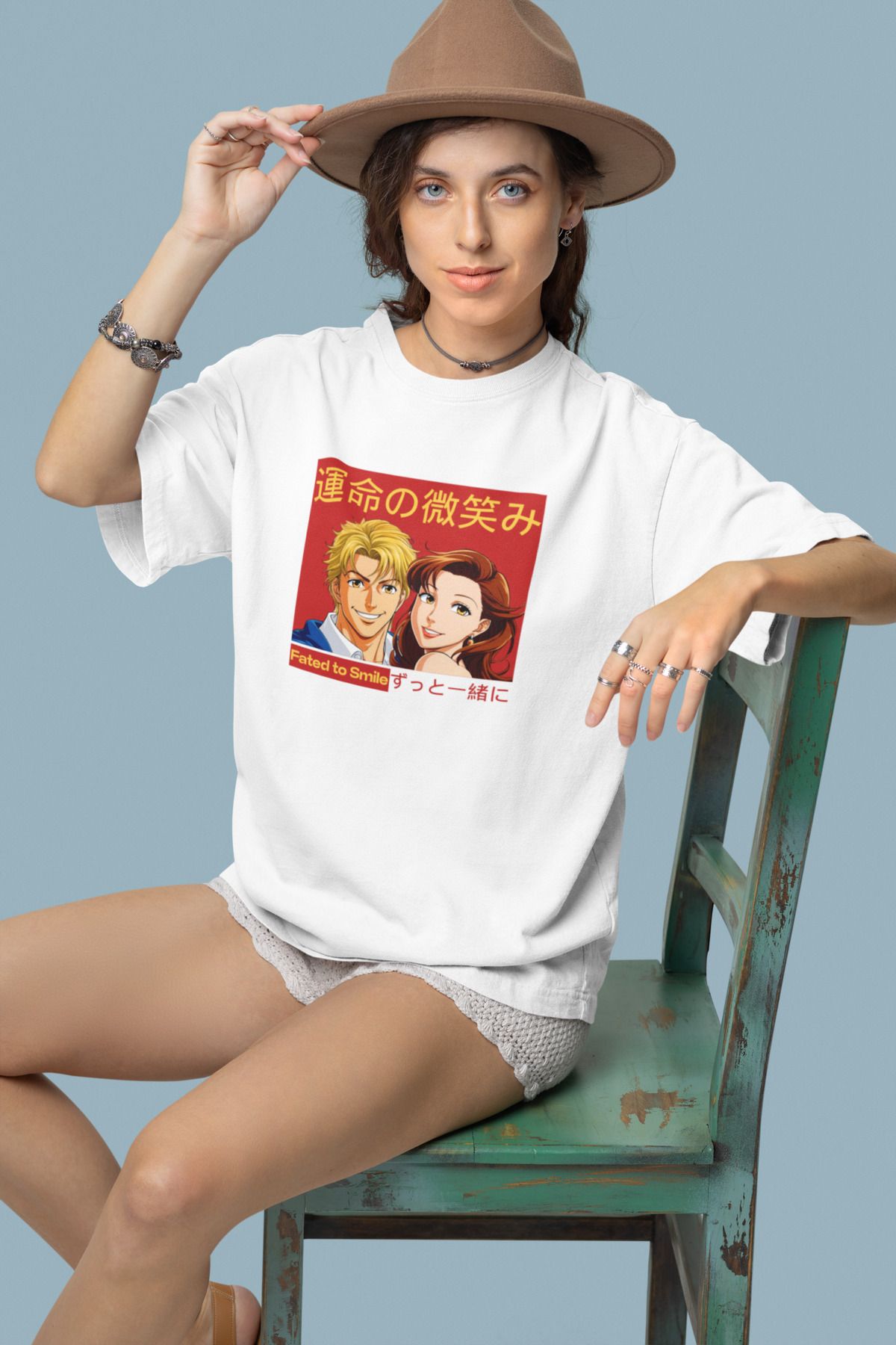 Was Plus Unisex Beyaz Oversize %100 Pamuklu "Fated to Smile" Anime Baskılı T-shirt
