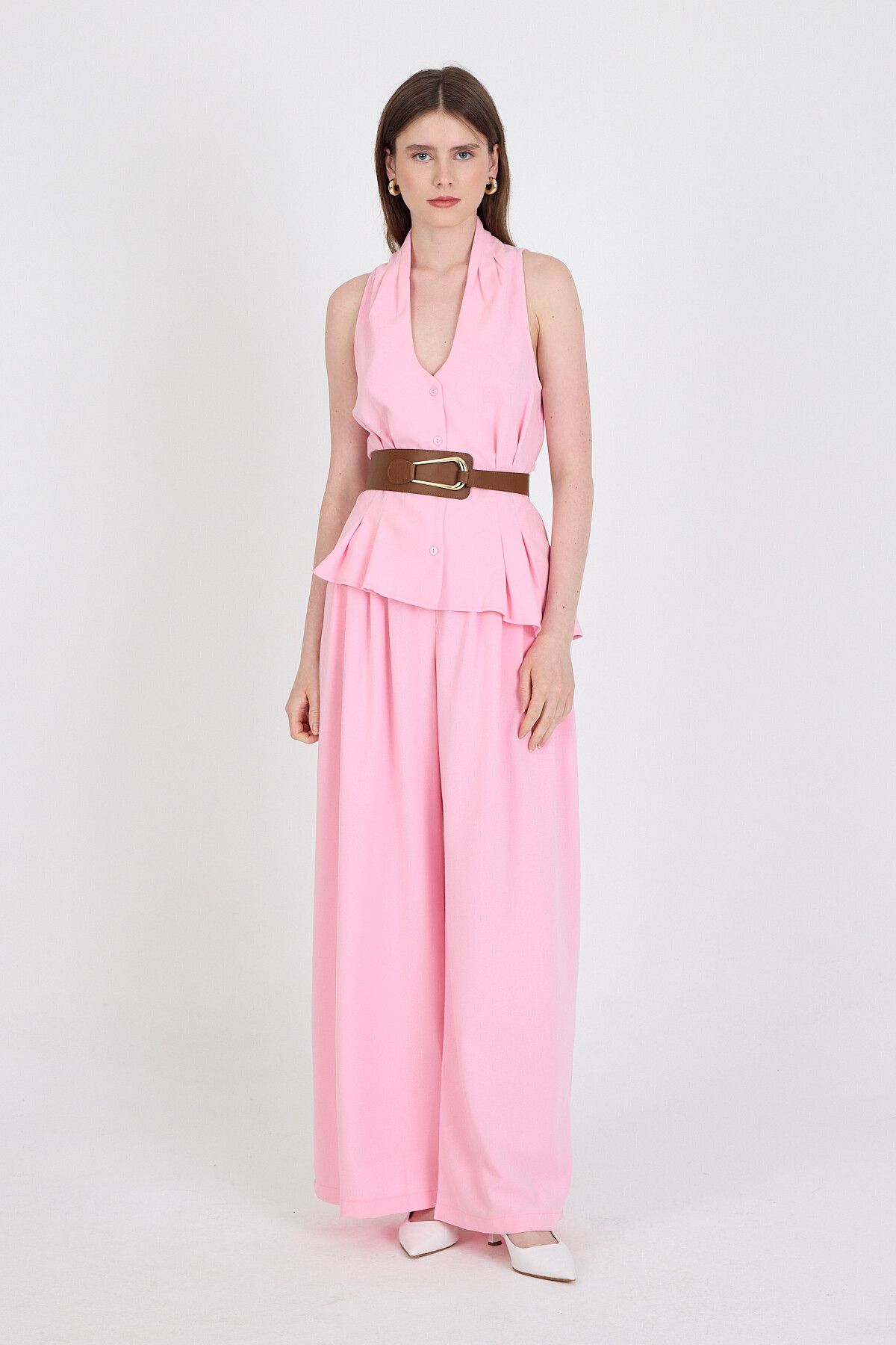 Rays Pembe Yelekli Kemerli Pantolon Takım 5254