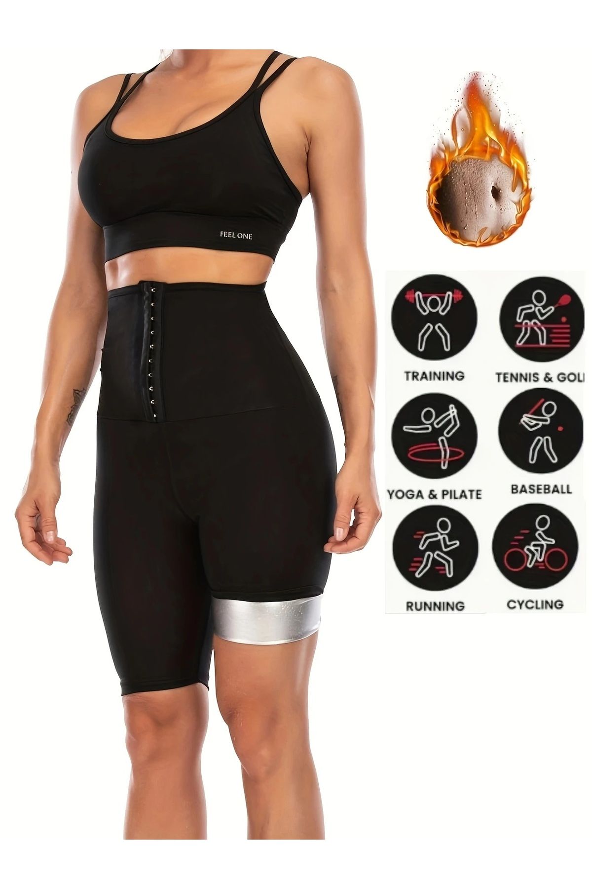 SAUNA SUIT Ekstra Yüksek Bel 3 Kademeli Agraflı Termal Şort– Terleme Destekli Sporcu Şort