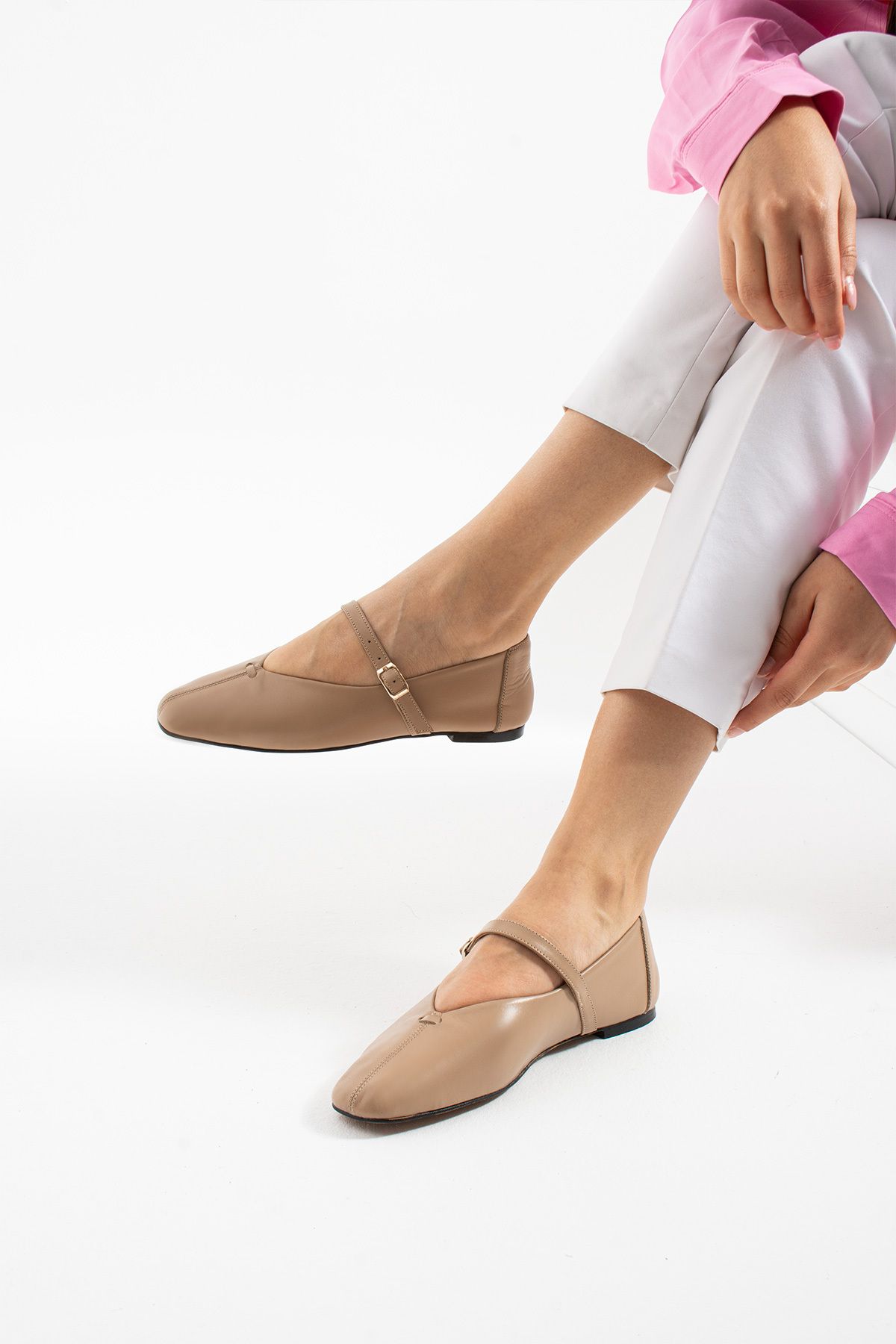 Siena Shoes Lumi Kadın Tek Bantlı Hakiki Deri Babet Vizon Rugan