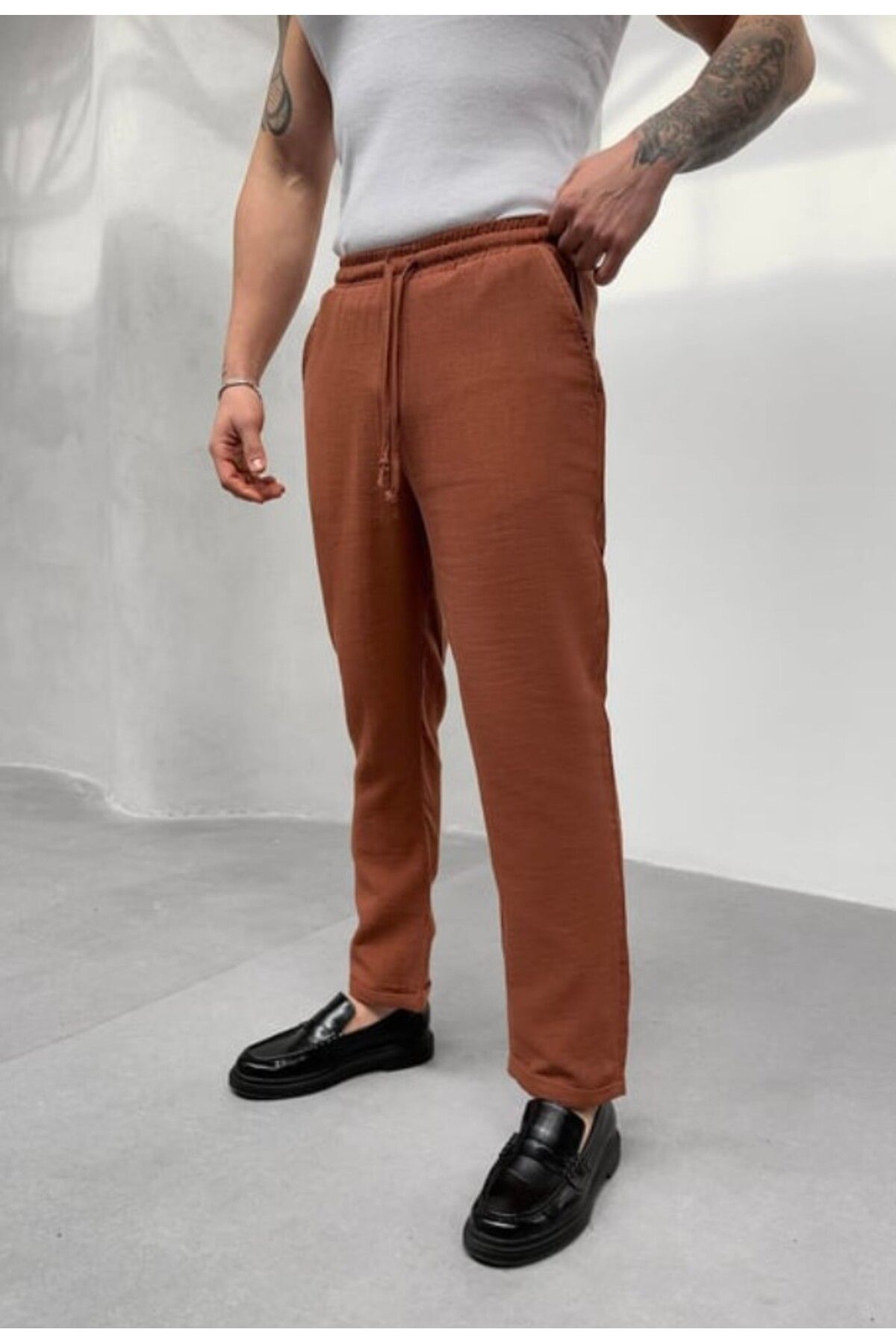 SCSARVİN Bağcıklı Duble Paça Keten Pantolon