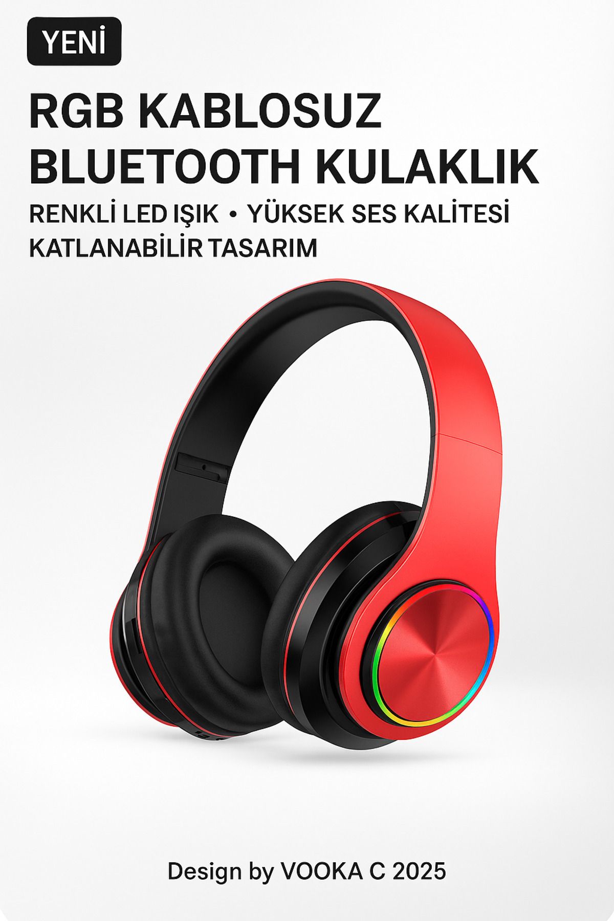 VOOKA RGB Işıklı Kablosuz Bluetooth Kulak Üstü Kulaklık | Müzik, Oyun, Mikrofonlu, Katlanabilir