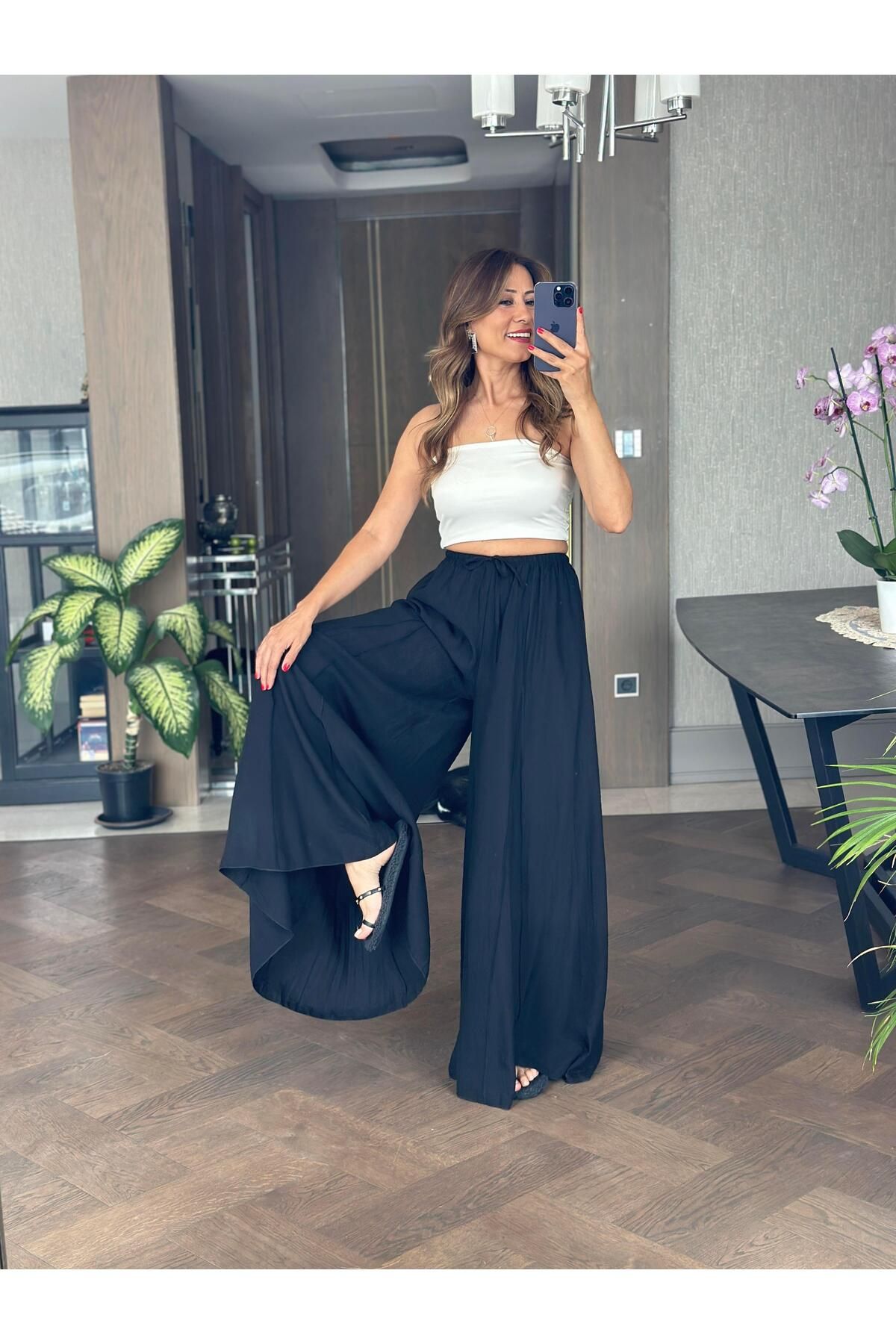 Forlady Butik Siyah Ters Dikiş Parçalı Bağcıklı Geniş Paça Kadın Pantolon