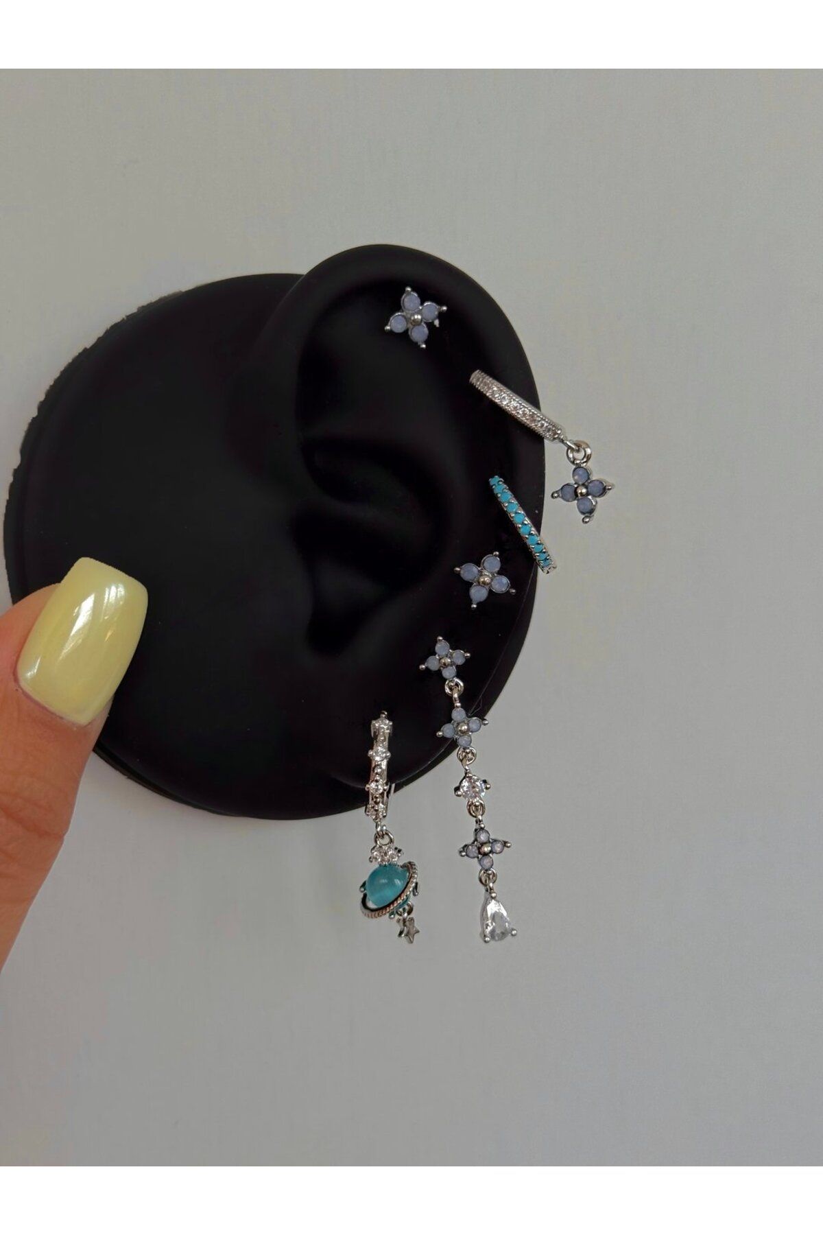 h&b design jewel Çelik Silver Mavi Çiçekli 6 Lı Küpe Seti