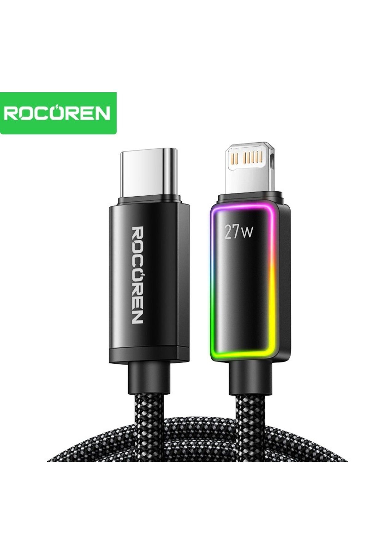 Rocoren 27W Type-C to Lightning RGB Aydınlatmalı Örgülü Şarj ve Data Kablosu 2 Metre