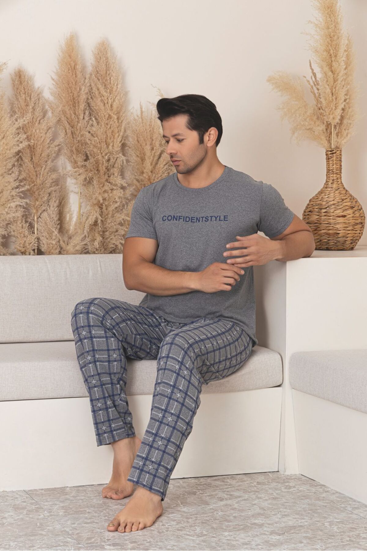 Sude HOMEWEAR ERKEK EKOSE DESENLİ KISA KOL PİJAMA TAKIMI