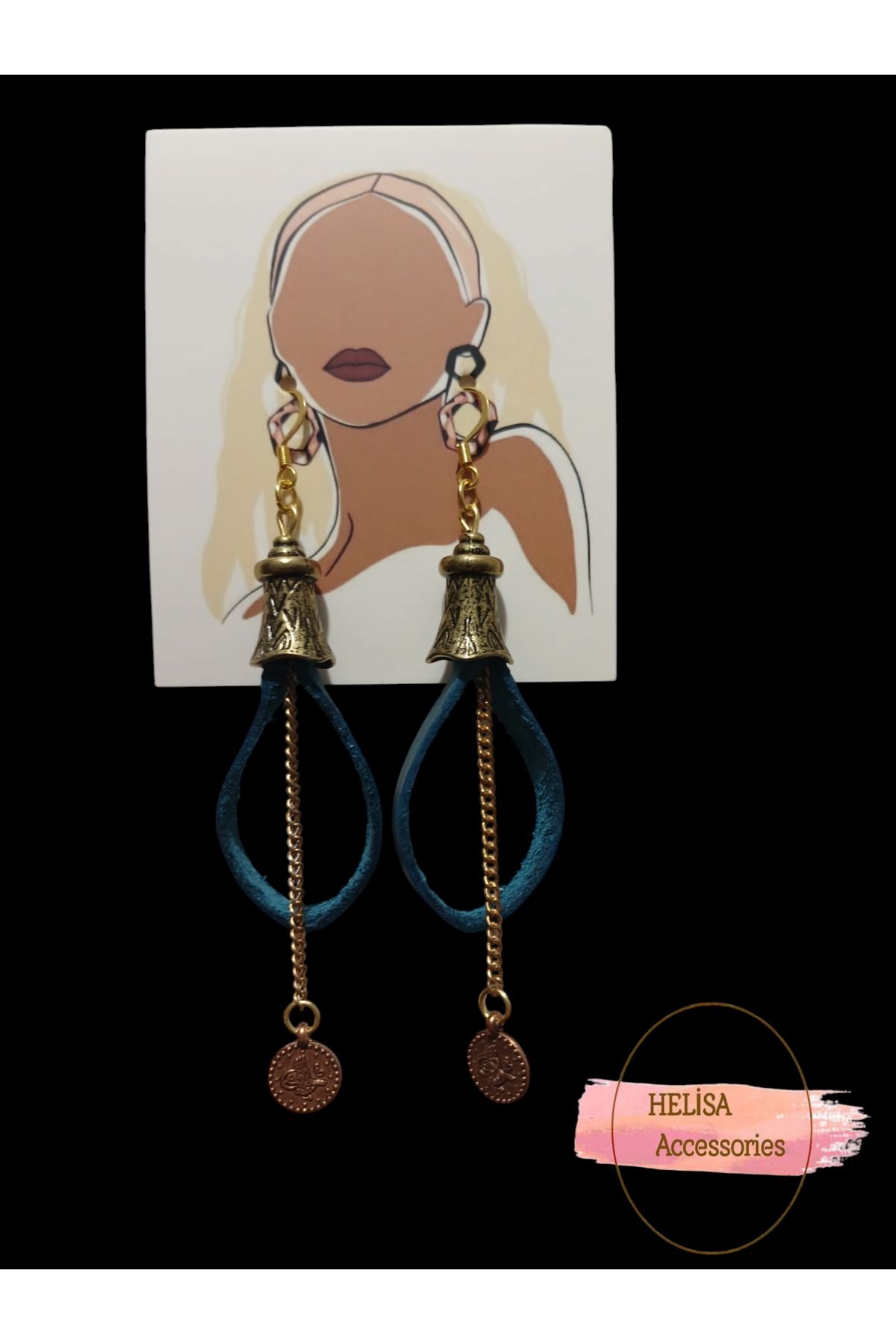 HELİSA ACCESSORİES Mavi Crazy Deri Antik Aparatlı Özel Üretim Çelik Küpe