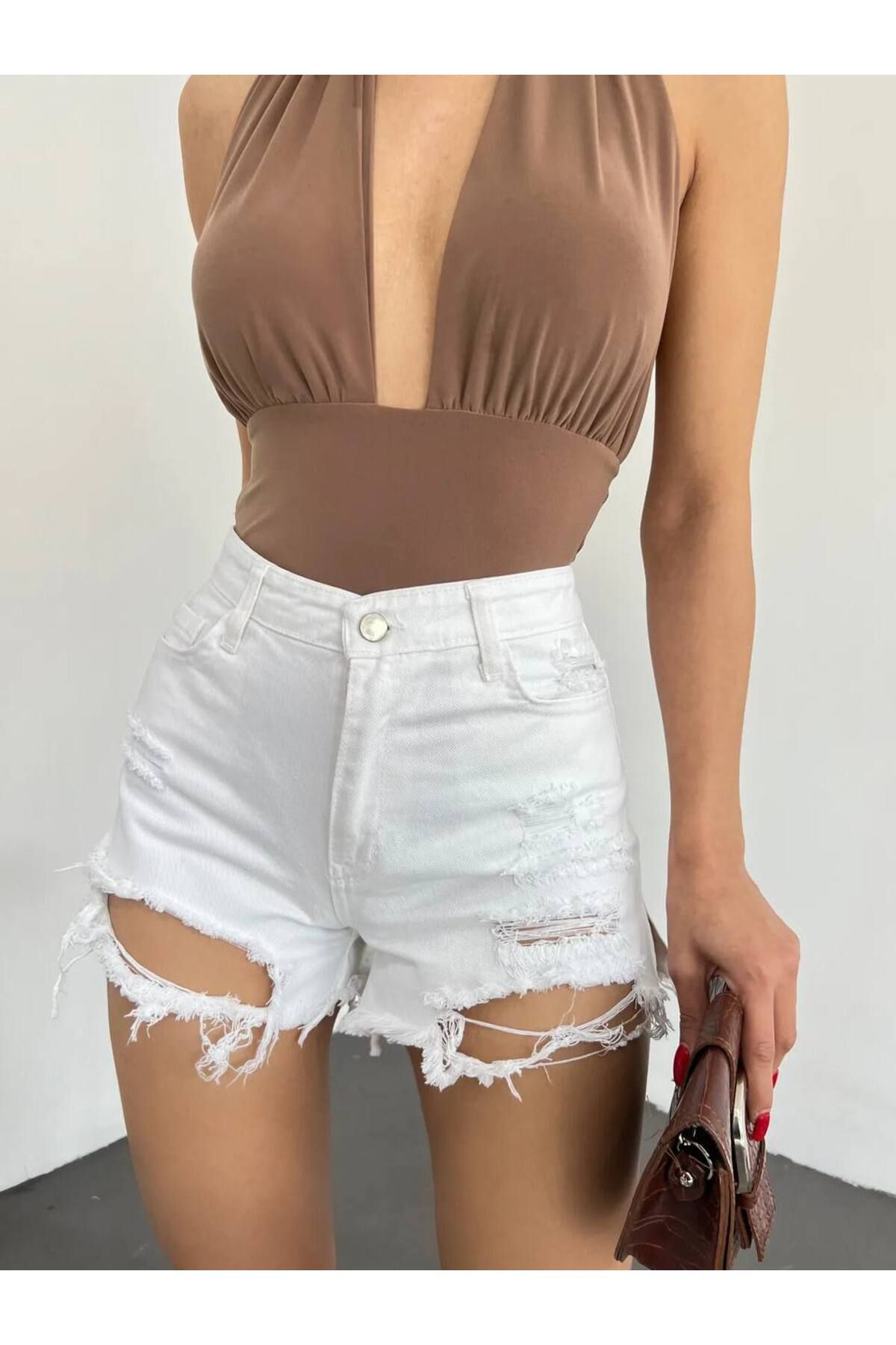 neonstore Yıkamalı Lazer Yırtıklı Mini Denim Şort