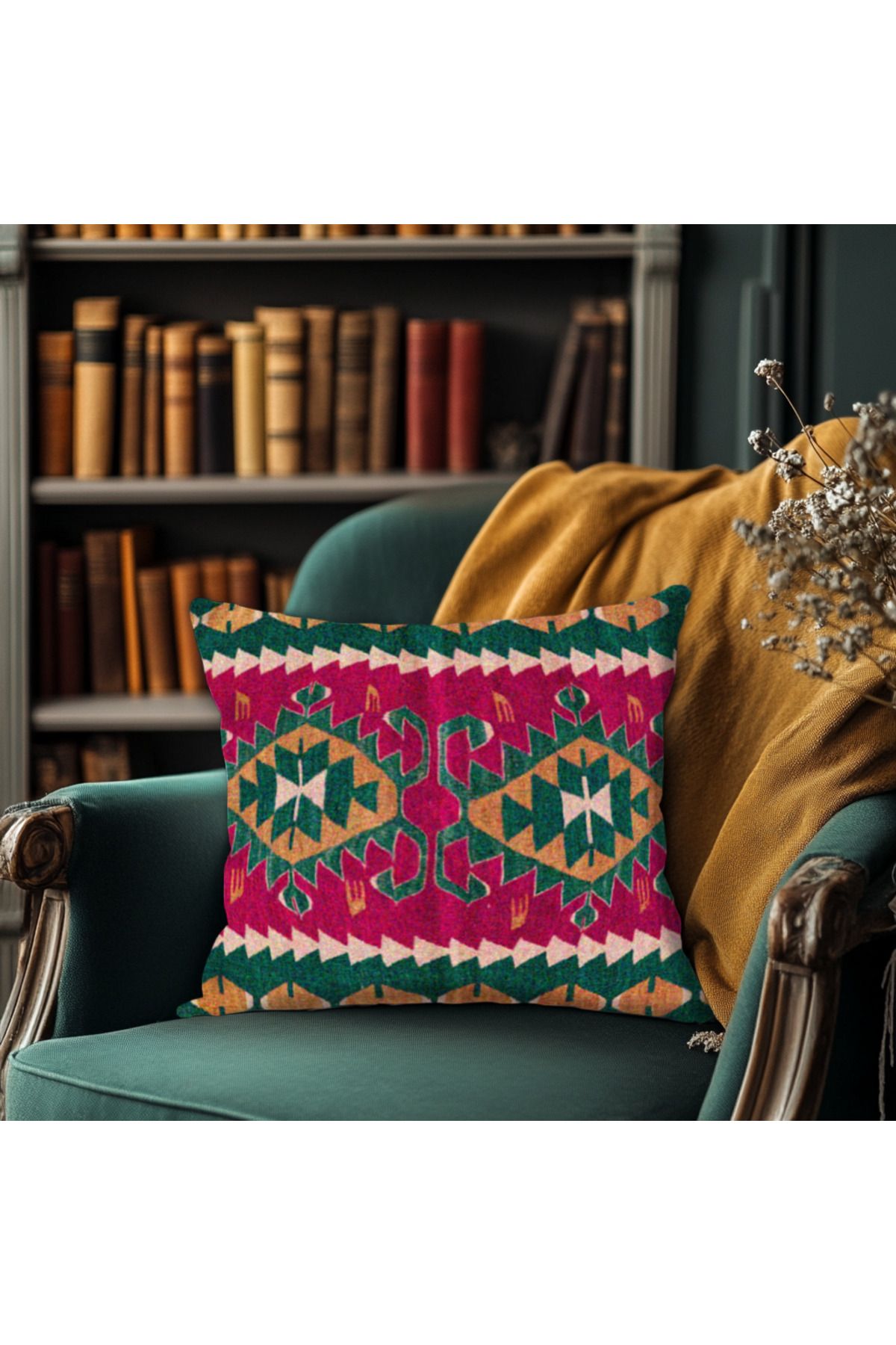 TURKISHRUG KINGDOM Bohem Tribal Kilim Desenli Çift Taraflı 43x43 cm Dekoratif Kırlent Kılıfı