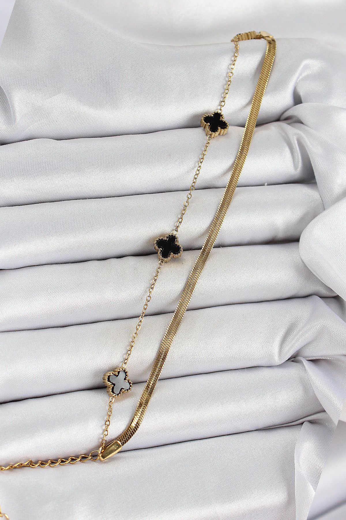 callerrons accessories Gold Renk Siyah Yoncalı İtalyan Zincirli 2'li Kadın Bileklik - EBJ250620W35612