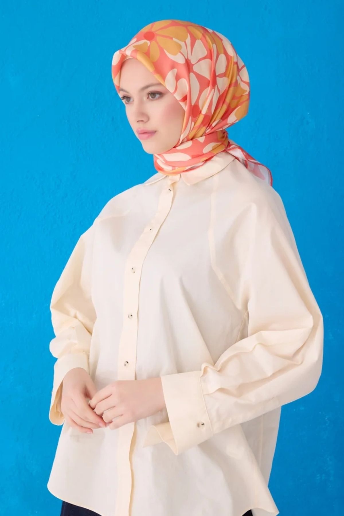 Belli Twill İpek Eşarp 4116D Çiçekli Desen Yavruağzı-Hardal-31