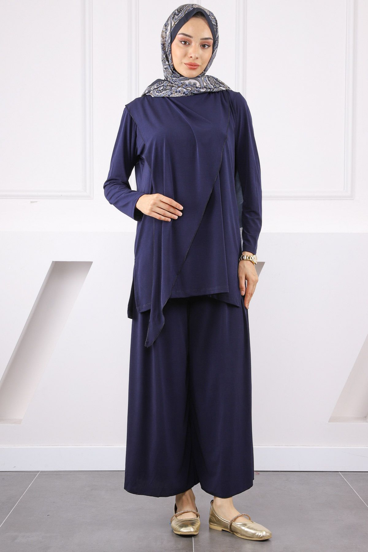 İmajButik Lacivert Ön Detaylı Sandy Tunik Pantolon Takım