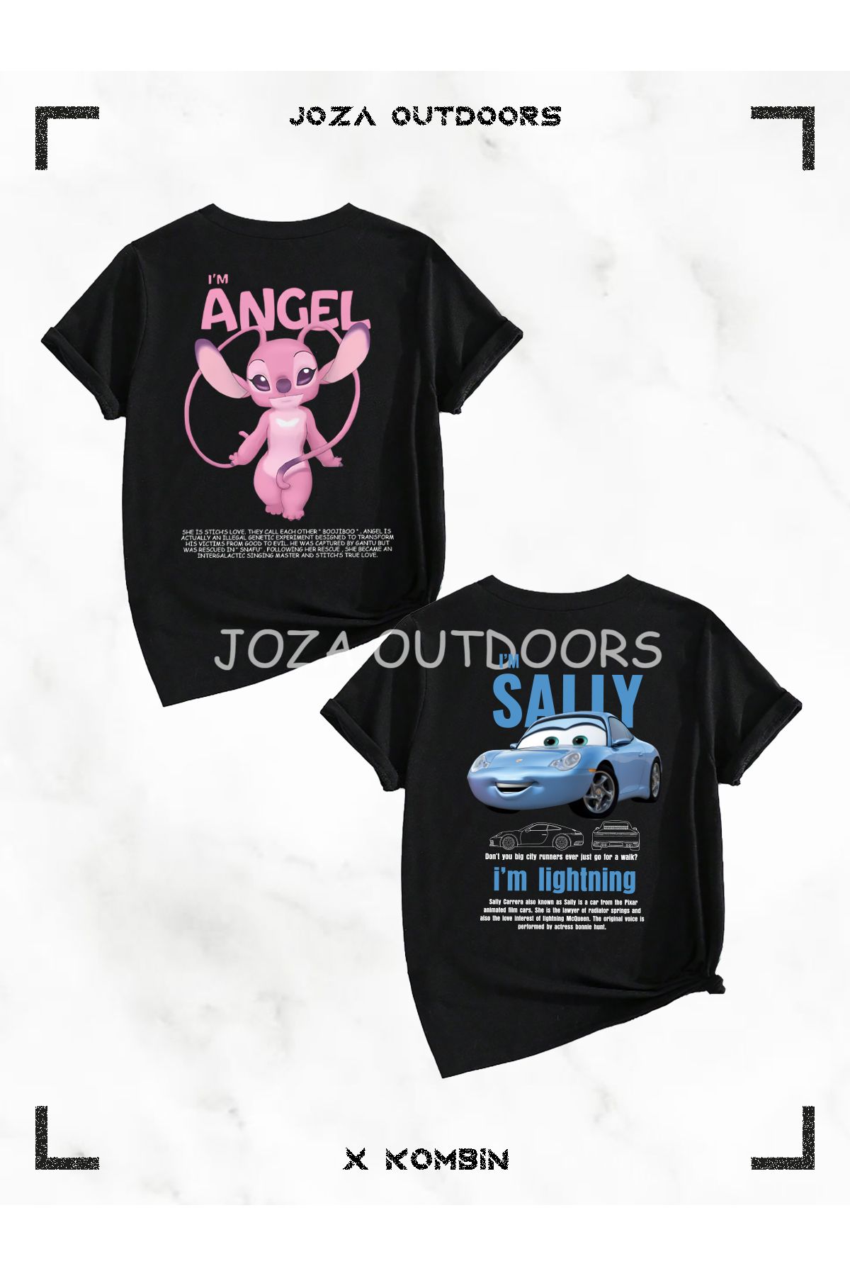 Jobia Outdoors Unisex Kız ve Erkek Angel Lilo Stitch - Mcqueen Sally Cars SIRT Baskılı Çocuk 2'li T-shirt Set Takım