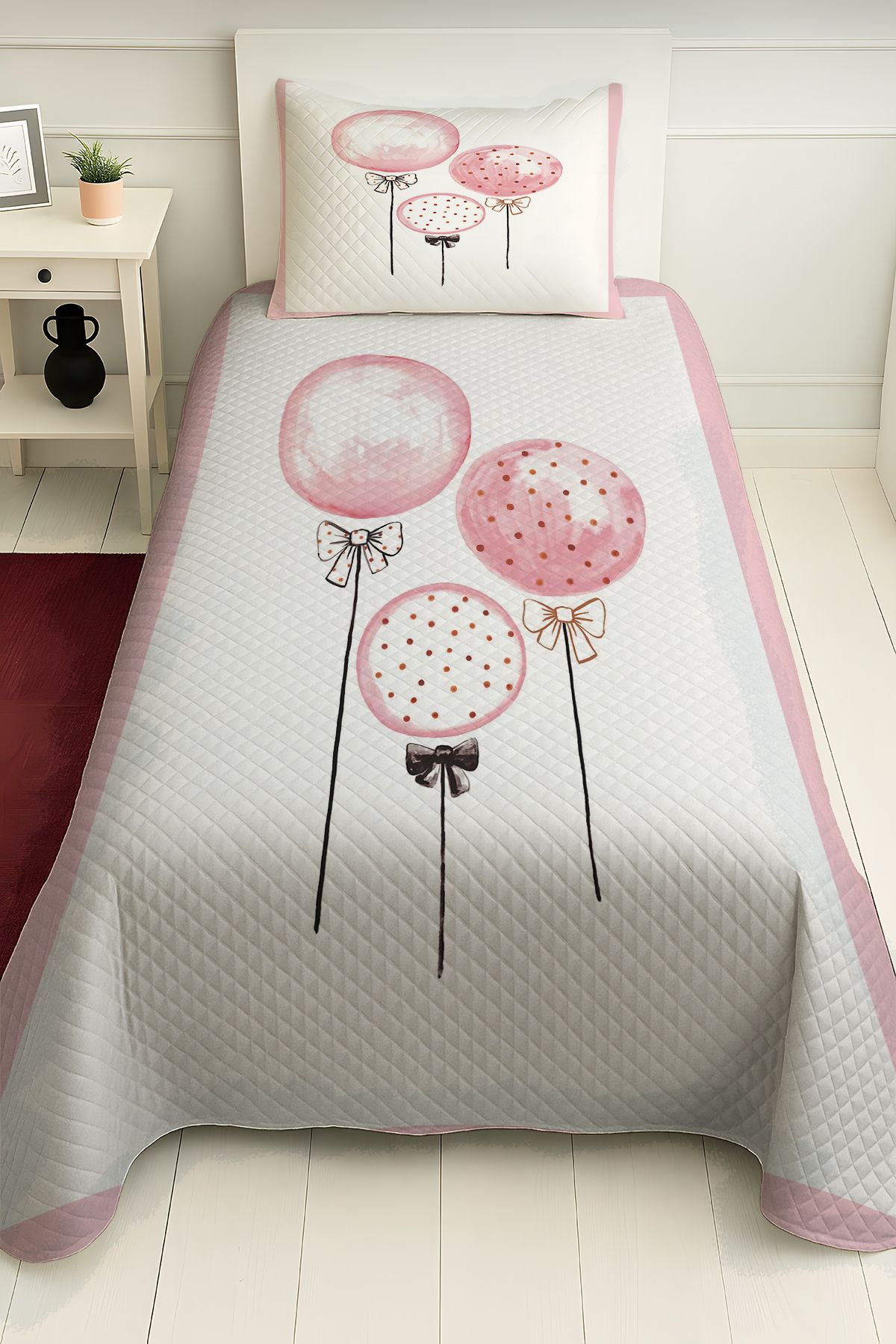 PRINTOPIA Pembe Uçan Balonlar Desenli Tek Kişilik Kız Çocuk Pike Takımı