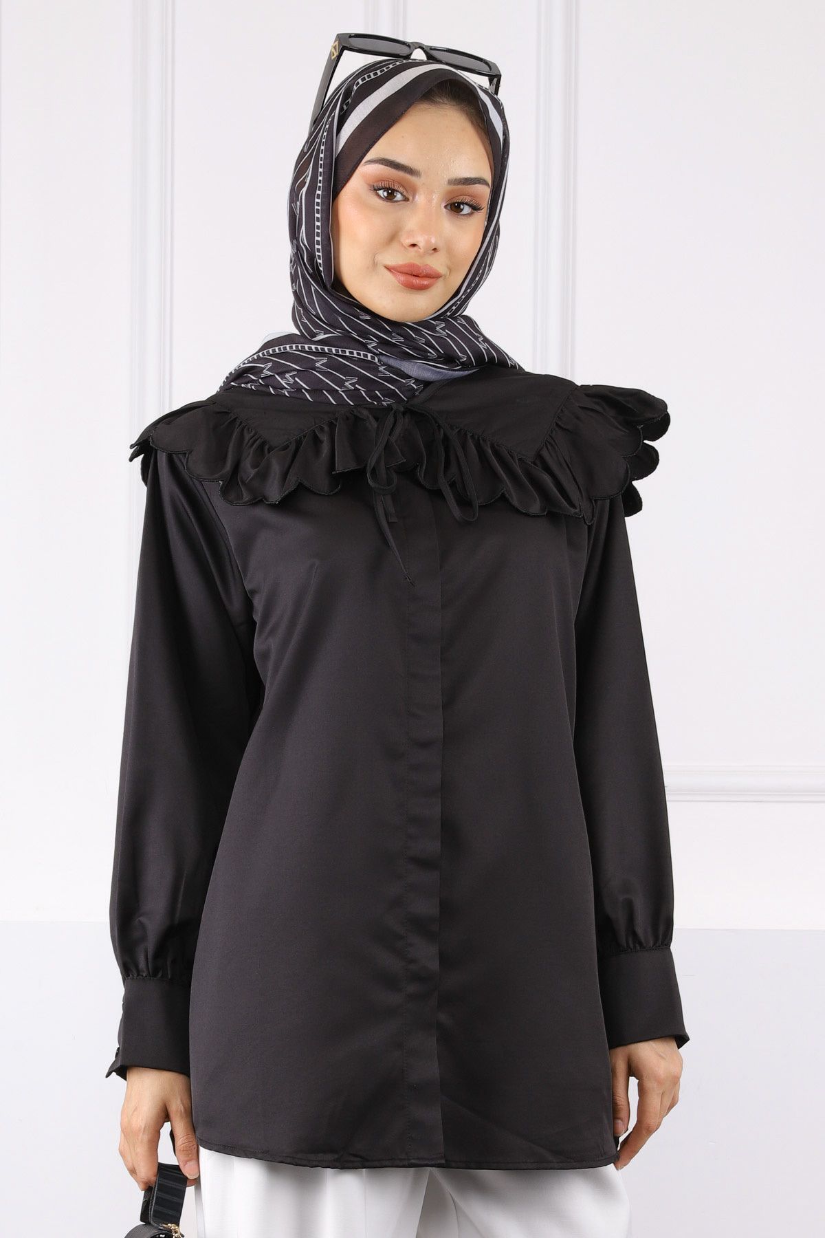 İmajButik Siyah Yaka Detaylı Gömlek