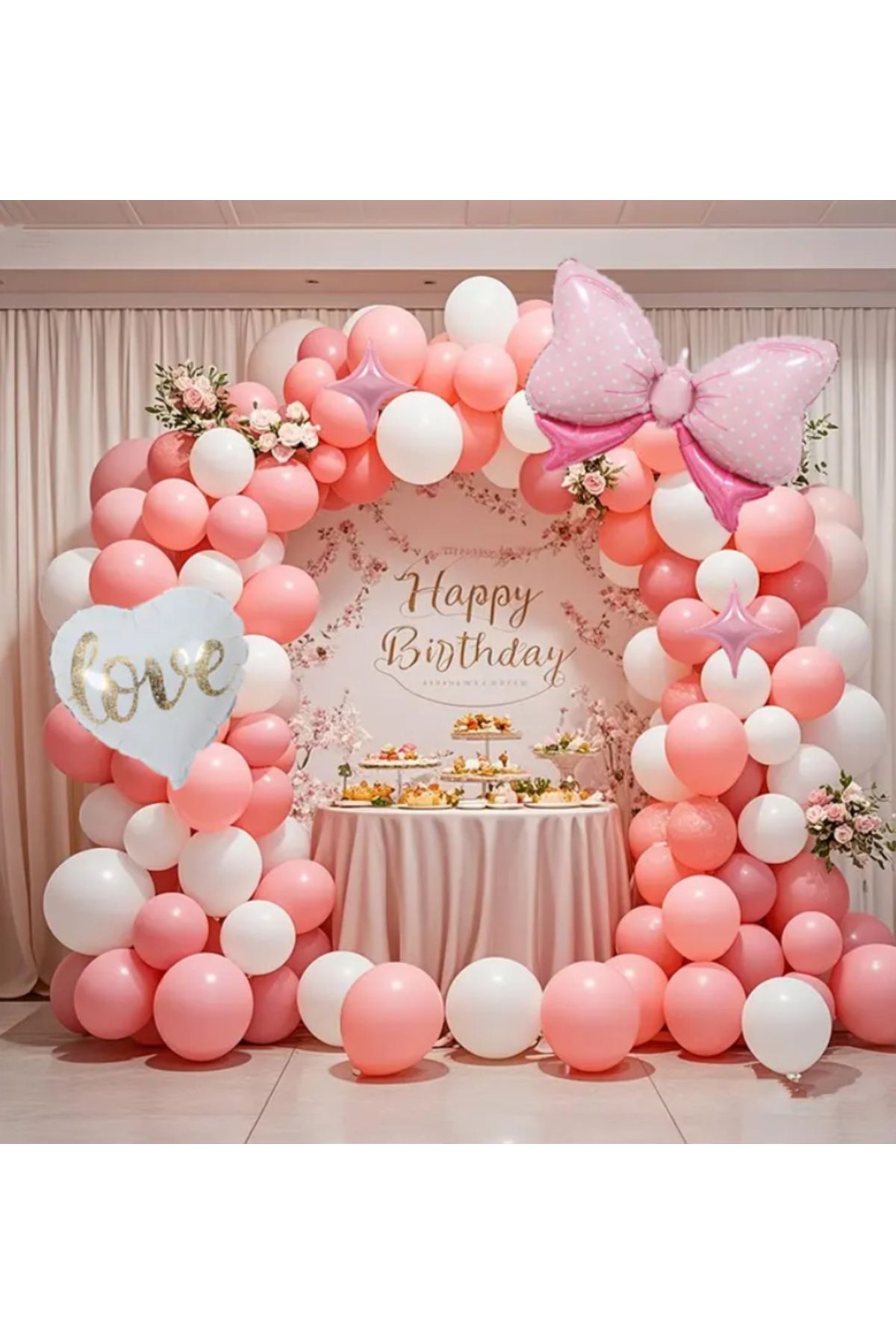 Çemrek Süs Parti Pembe Beyaz Balon Zinciri Seti Pembe Fiyonk Folyo Balonlu 101 li