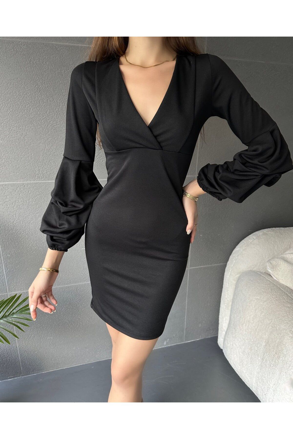 neonstore KRUVAZE YAKA BALON KOL ELBİSE