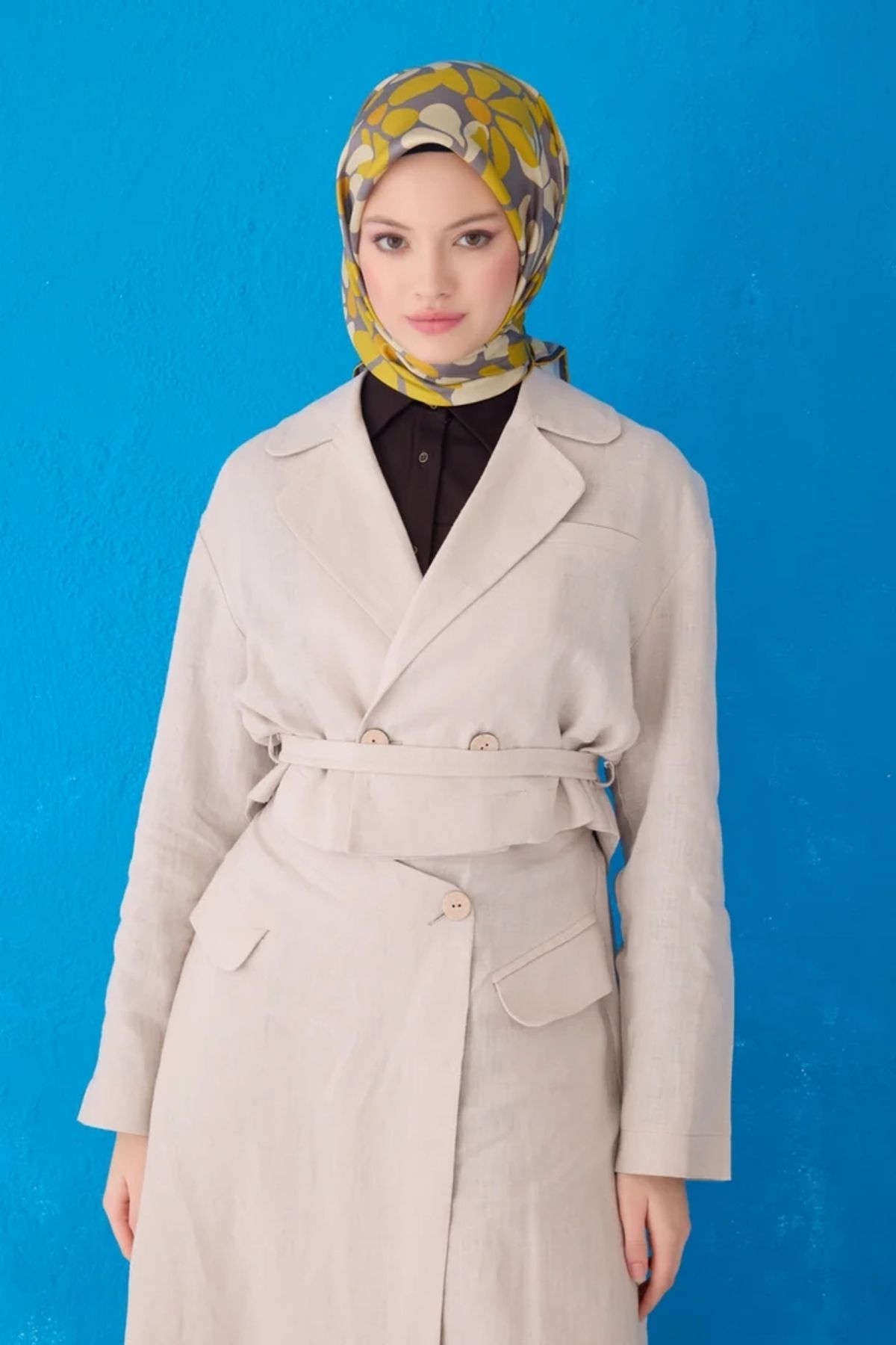 Belli Twill İpek Eşarp 4116D Çiçekli Desen Sarı-Gri-35