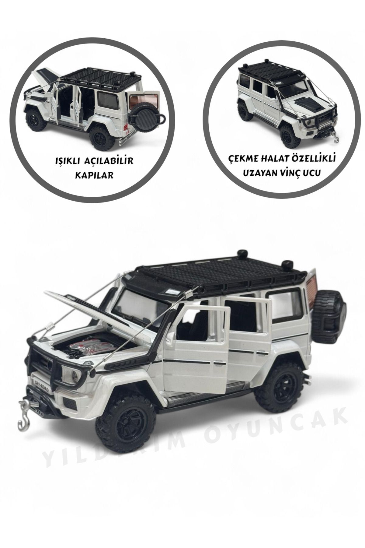 YILDIRIM OYUNCAK Çek Bırak Işıklı Ve Sesli Off Road Jeep 15 cm Çekme Halat İpli Metal Kasa Açılabilir Kapılar
