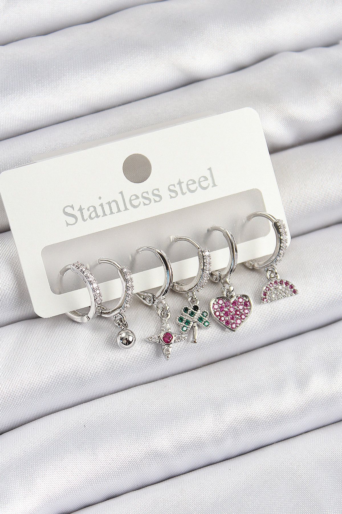 callerrons accessories Pirinç Zirkon Taşlı Karpuz Yonca Kalp Pusula Karışık Model Gümüş Renk 6'lı Set Kadın Küpe - EBJ25062