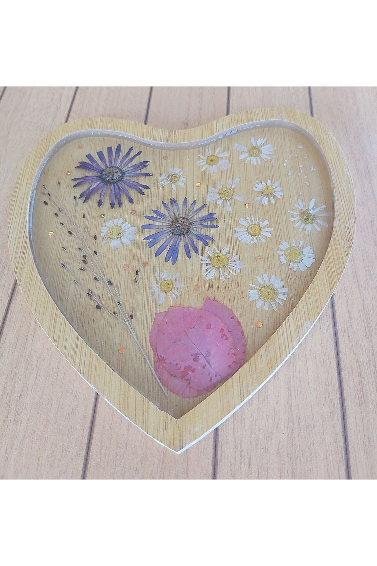 bahartsrm papatya temalı ahşap tabanlı epoksi tepsi 20 x 20 cm