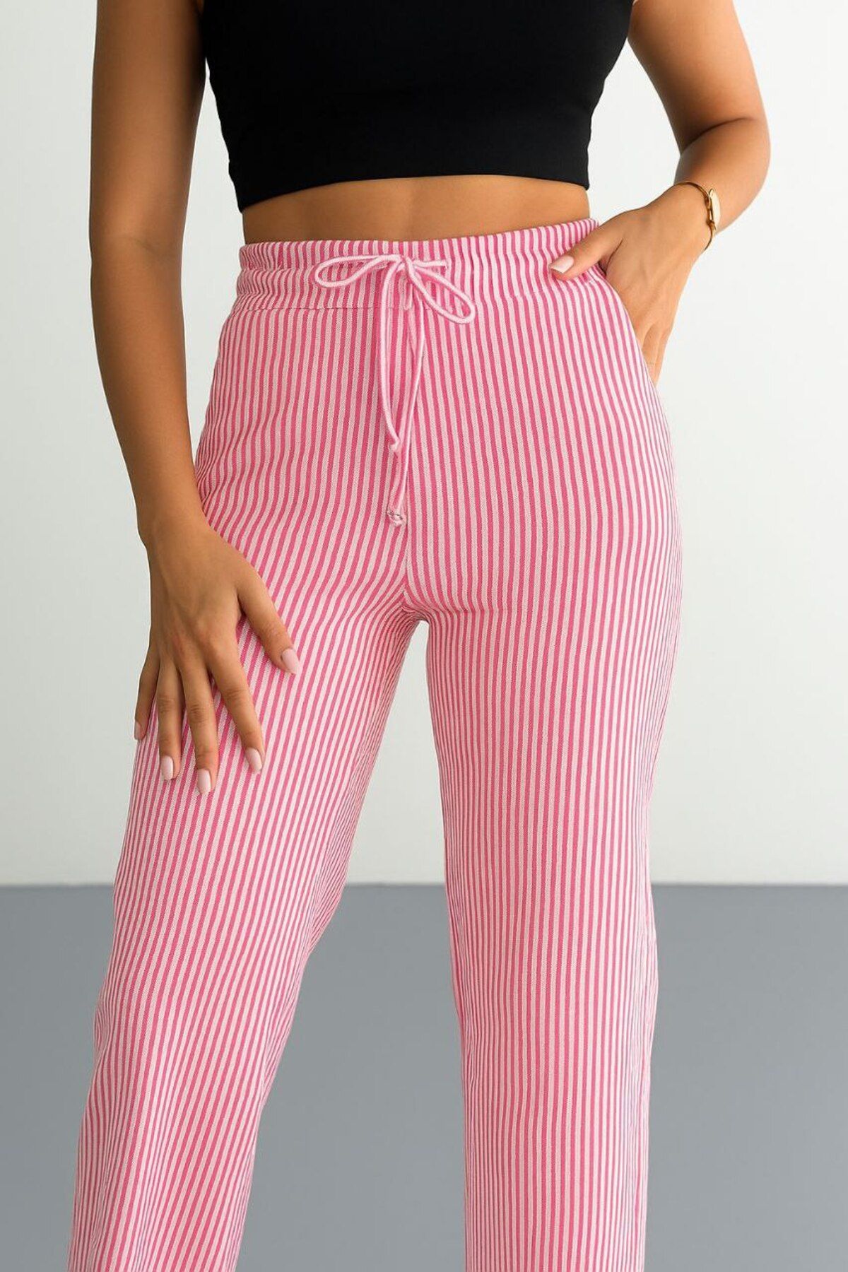 MODA Ola Pembe Çizgili Pantolon