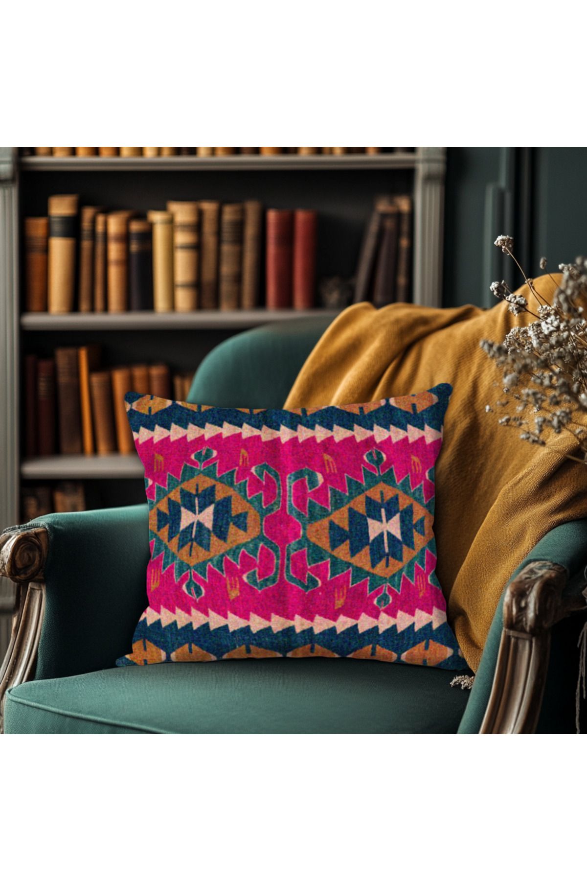 TURKISHRUG KINGDOM Etnik Geometrik Kilim Desenli Çift Taraflı 43x43 cm Dekoratif Kırlent Kılıfı