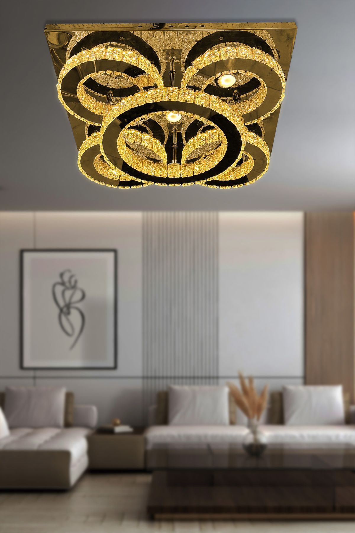 RSCOLLECTIONS İncezar Taşlı plafonyer Led Avize Kumandalı Gold
