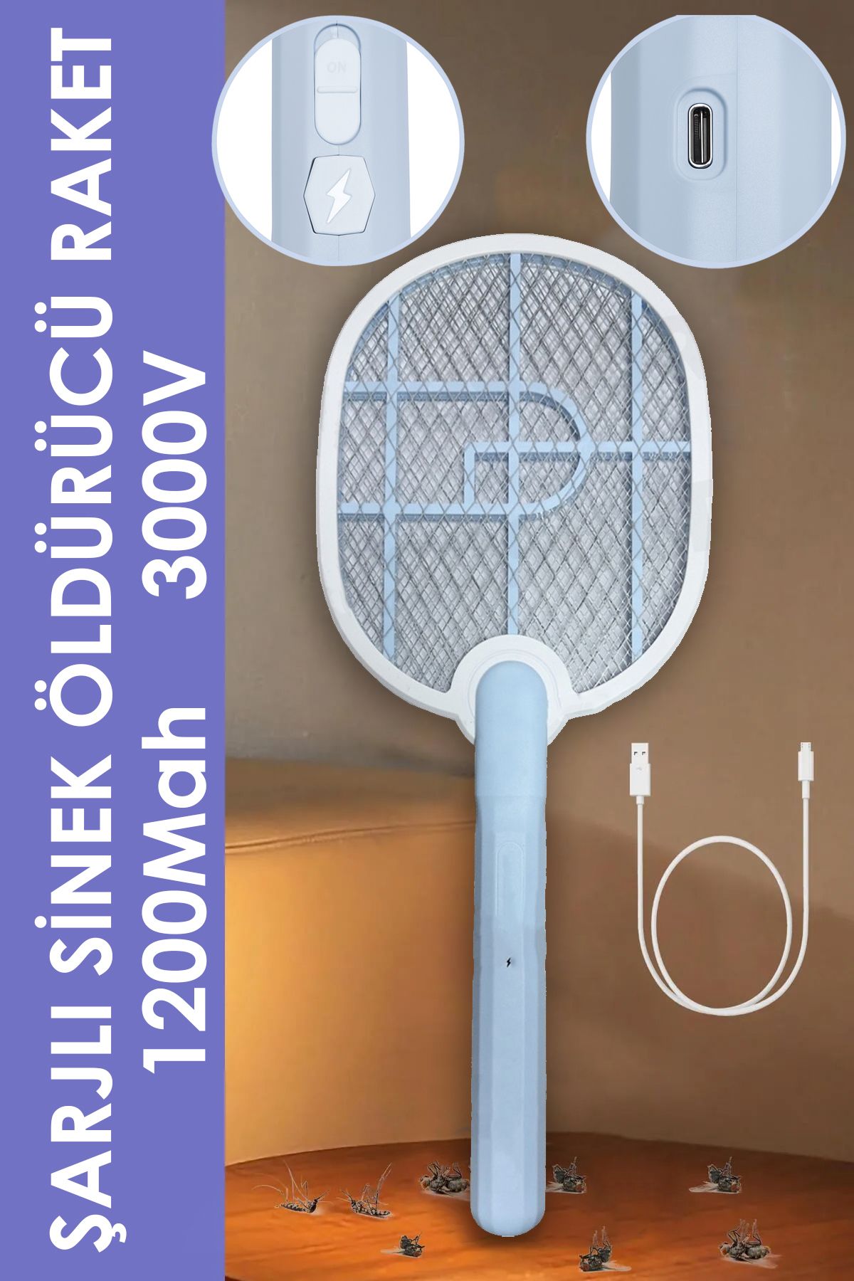 nextbuy USB Şarjlı Elektrikli Sivrisinek Öldürücü Kovucu Raket Sinek Öldürücü Sineksavar Mavi USB-016