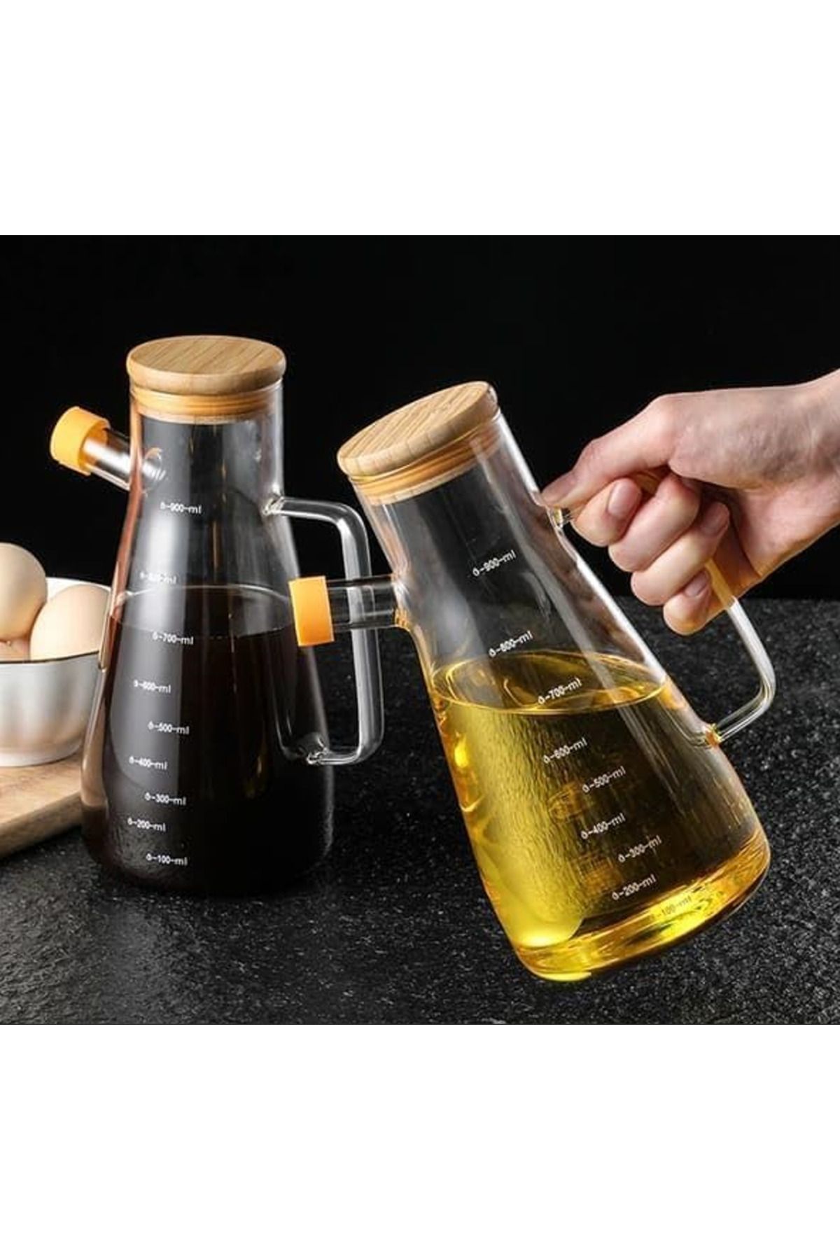 Flash Bazaar Bambu Kapaklı Cam Yağdanlık Vakumlu Ahşap Stantlı Sirkelik Zeytinyağı Şişesi Yağlık 900 ml 3'lü Set